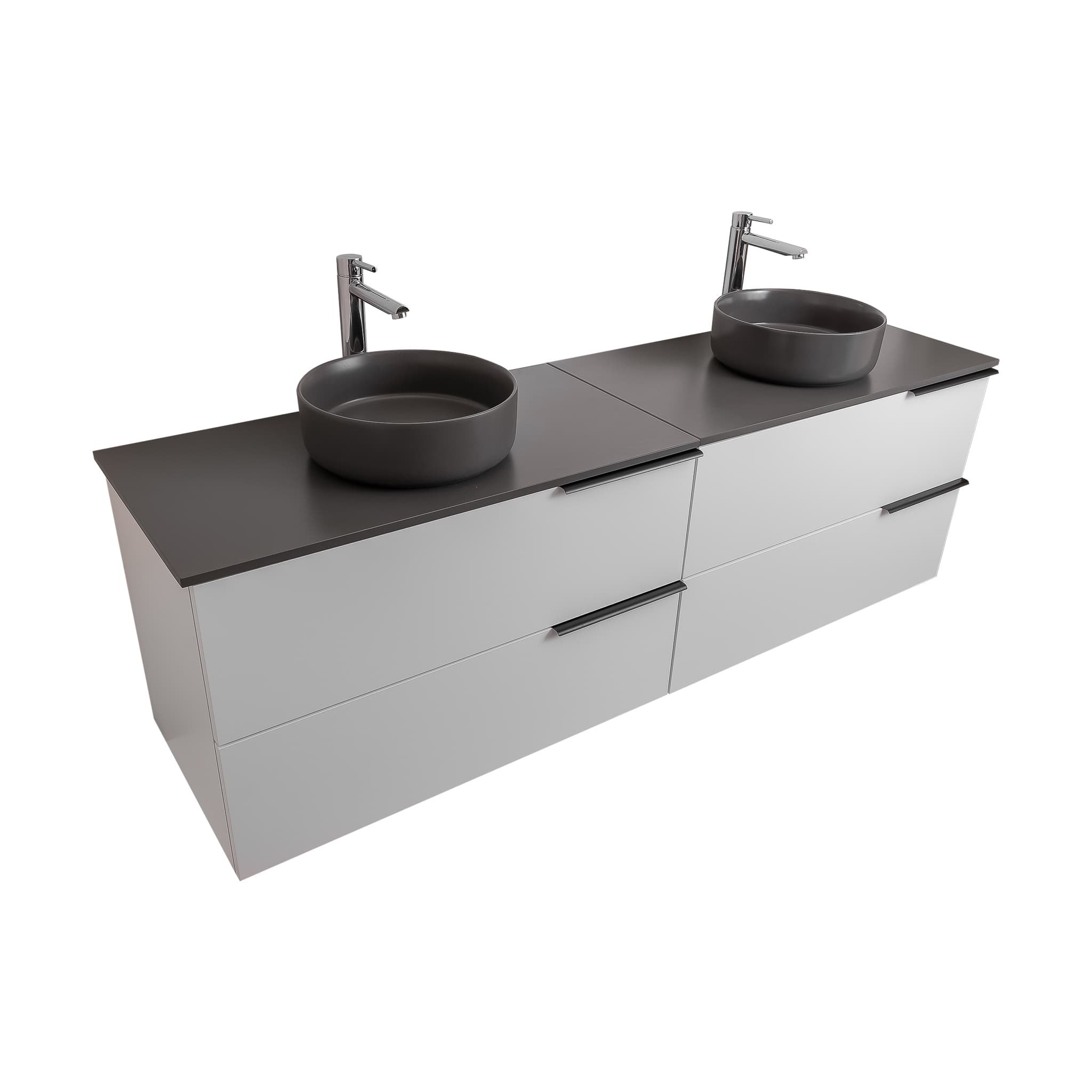 Mallorca 72 Matte White Cabinet, Ares Grey Ceniza Top And Two Ares Grey Ceniza Ceramic Basin, Wall Mounted Modern Vanity Set