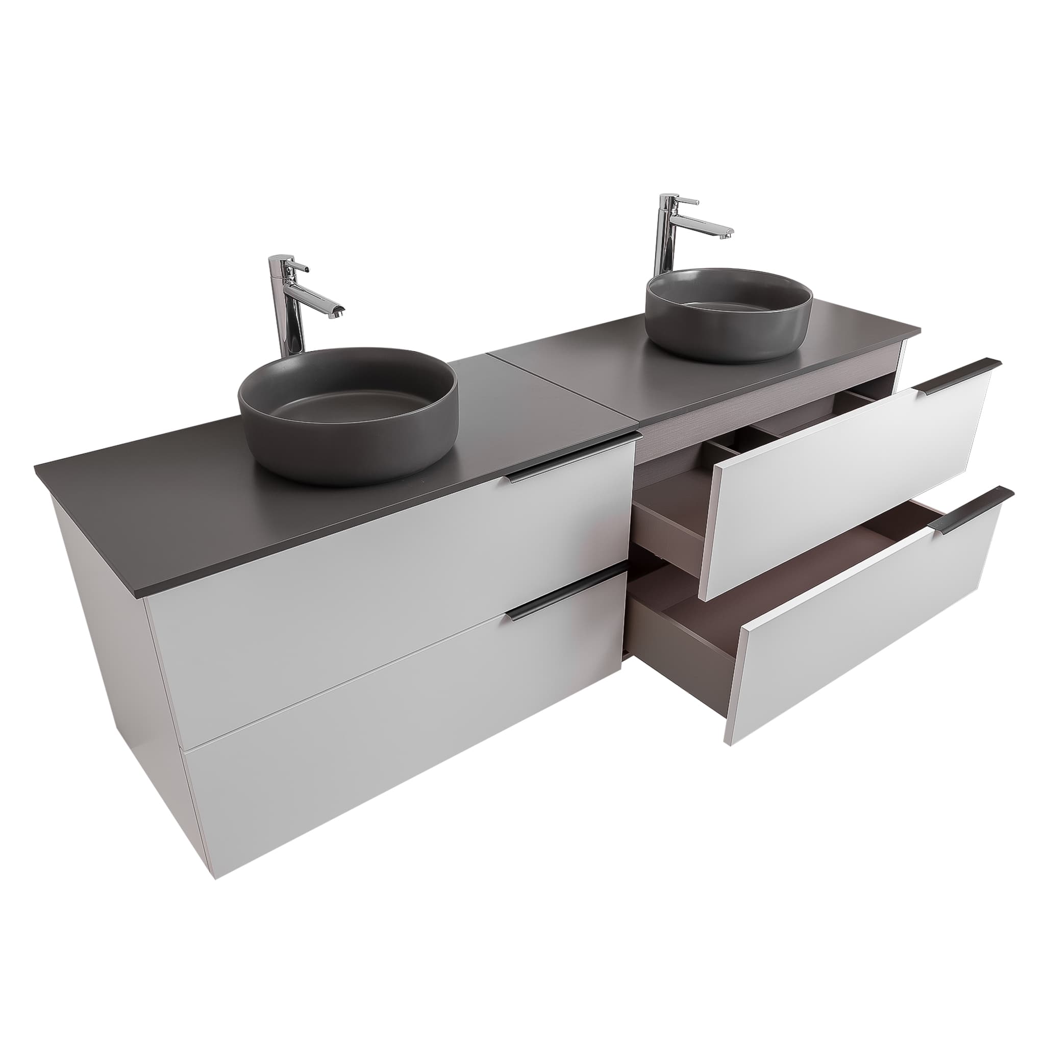 Mallorca 72 Matte White Cabinet, Ares Grey Ceniza Top And Two Ares Grey Ceniza Ceramic Basin, Wall Mounted Modern Vanity Set