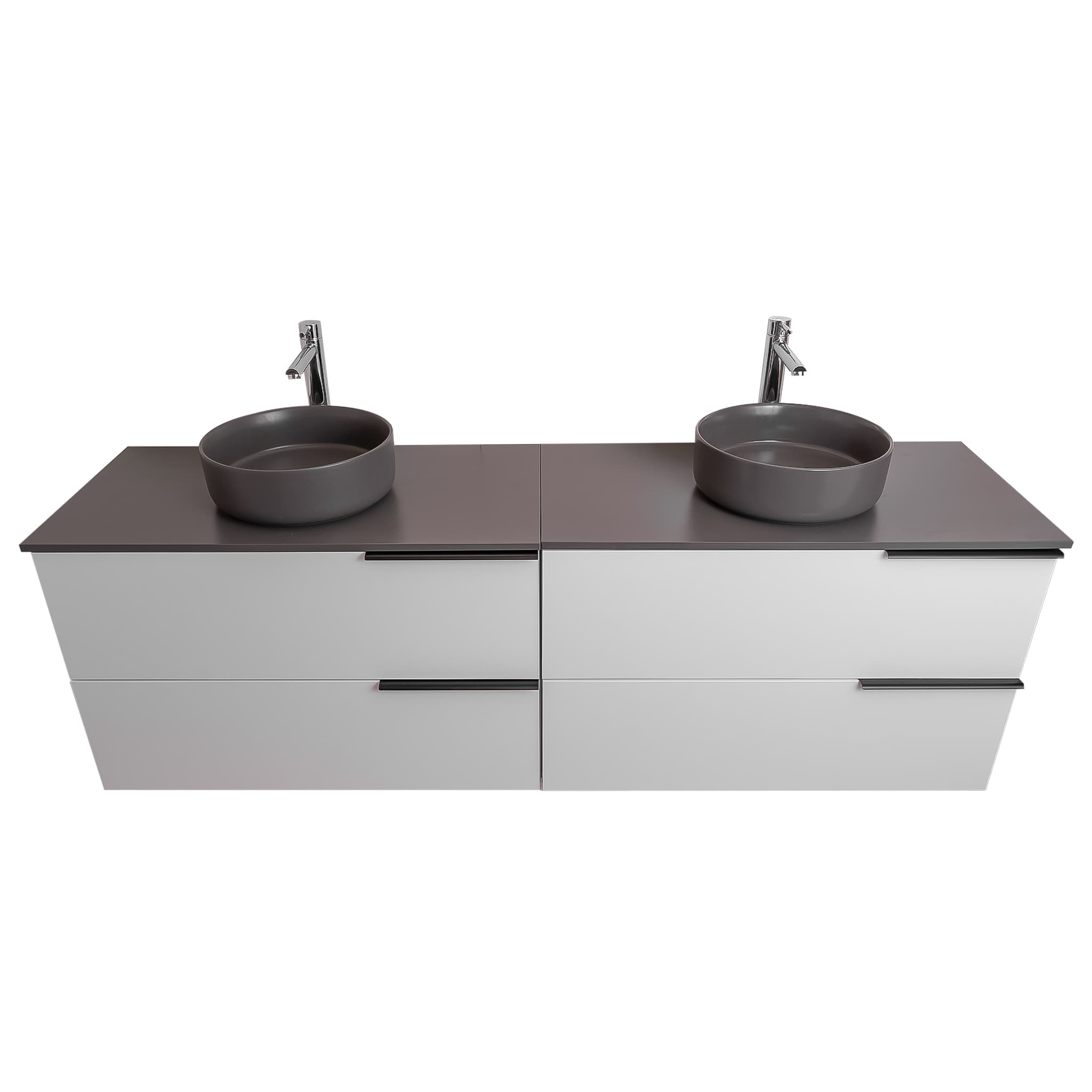 Mallorca 72 Matte White Cabinet, Ares Grey Ceniza Top And Two Ares Grey Ceniza Ceramic Basin, Wall Mounted Modern Vanity Set