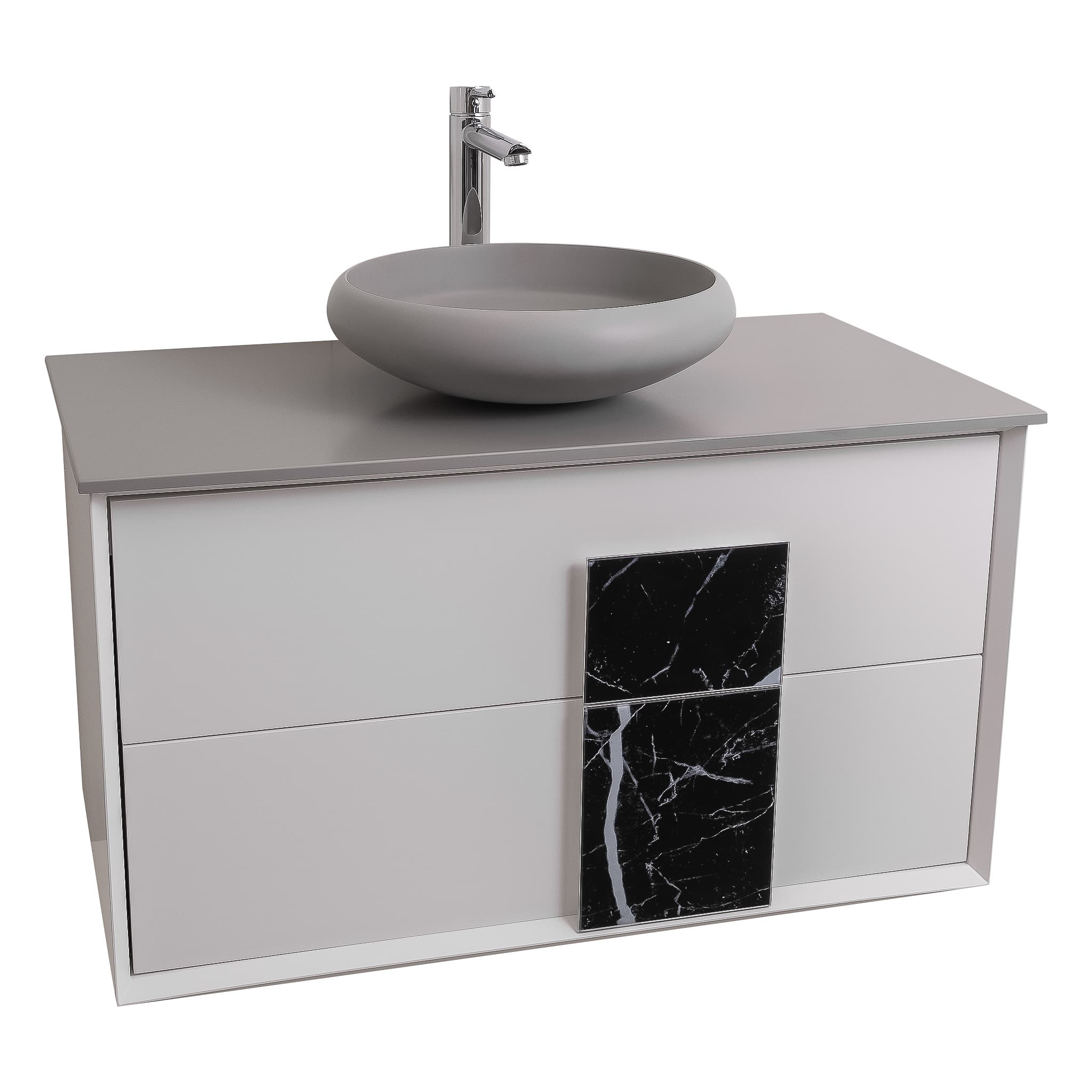 Piazza 31.5 Matte White With Black Marble Handle Cabinet, Solid Surface Flat Grey Counter and Round Solid Surface Grey Basin 1153, Wall Mounted Modern Vanity Set