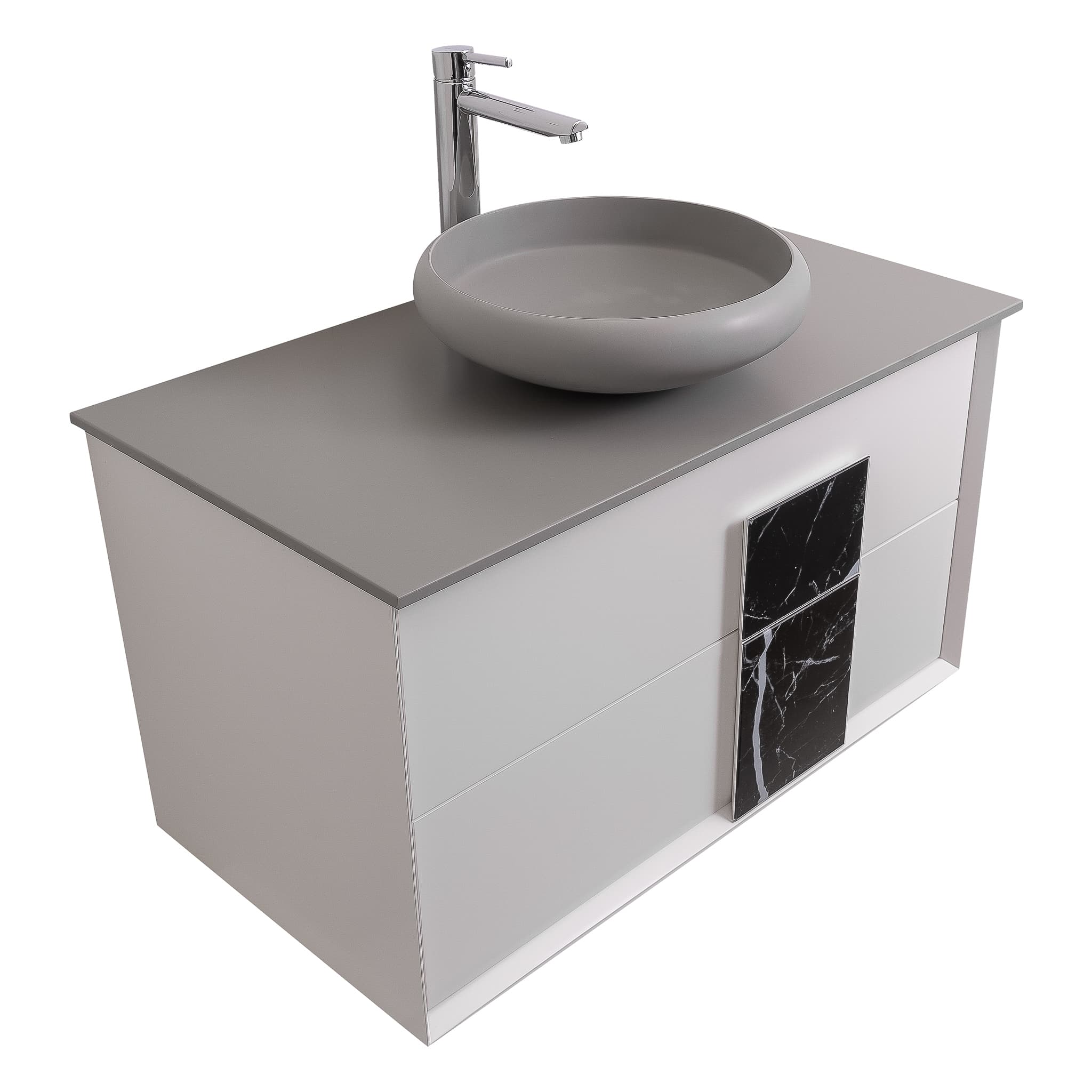Piazza 31.5 Matte White With Black Marble Handle Cabinet, Solid Surface Flat Grey Counter and Round Solid Surface Grey Basin 1153, Wall Mounted Modern Vanity Set