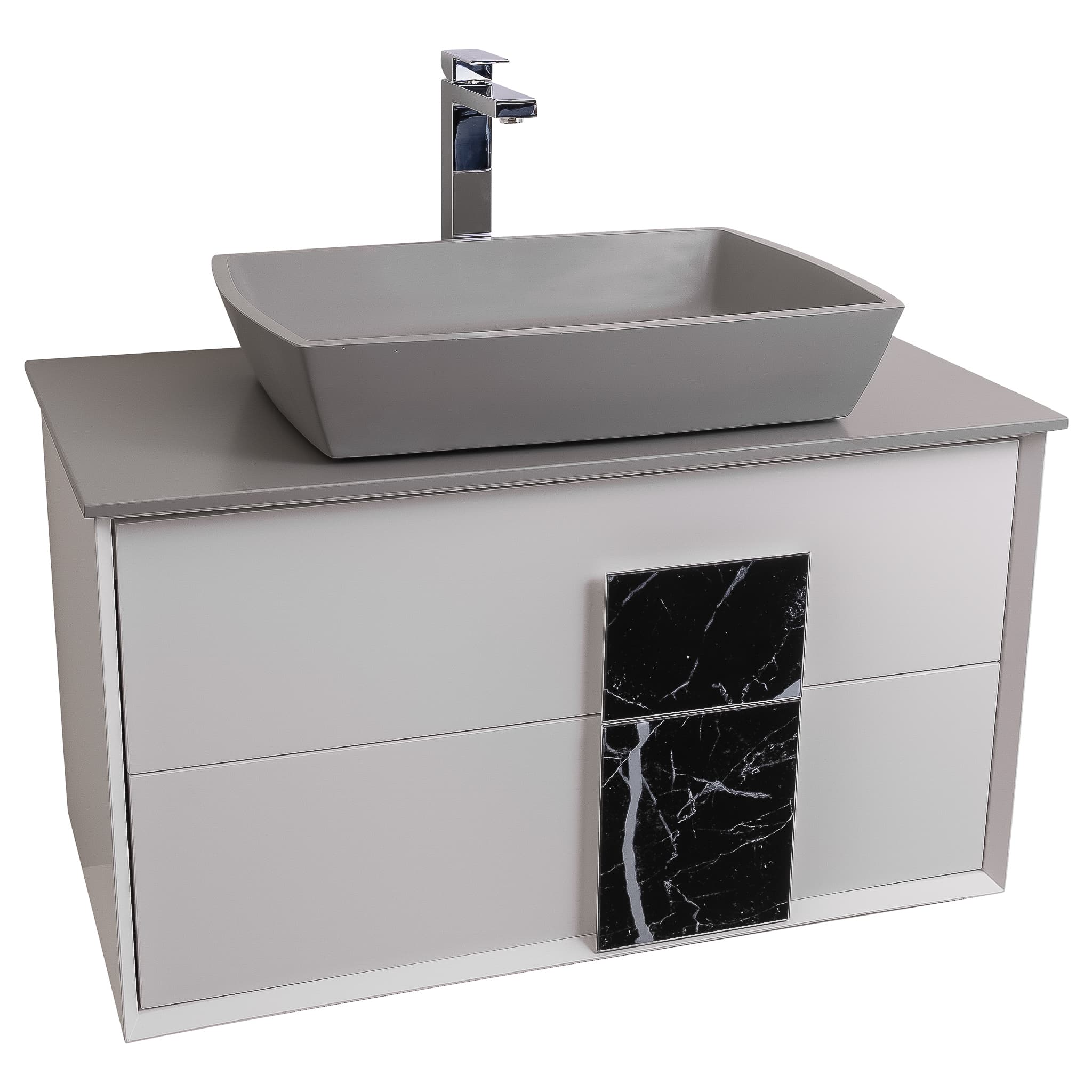 Piazza 31.5 Matte White With Black Marble Handle Cabinet, Solid Surface Flat Grey Counter and Square Solid Surface Grey Basin 1316, Wall Mounted Modern Vanity Set