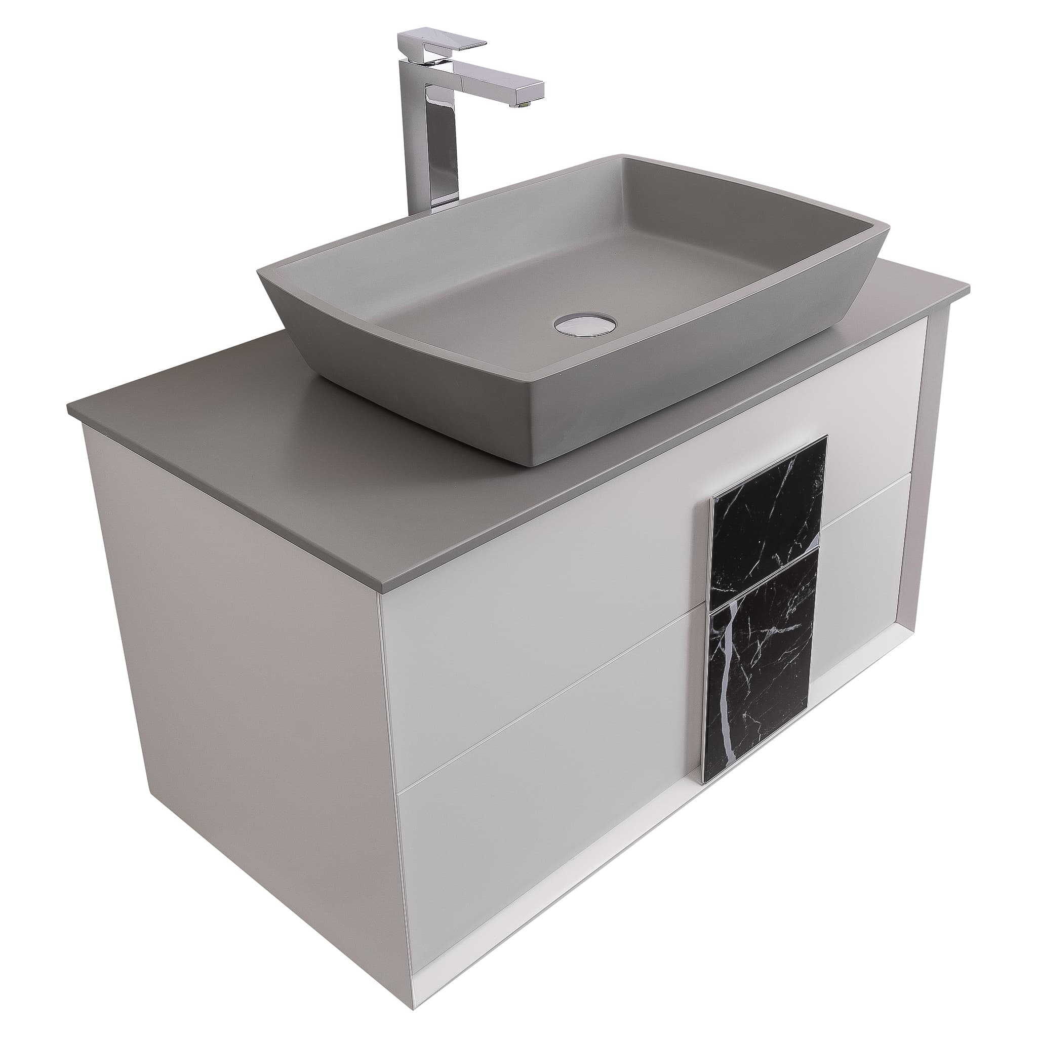 Piazza 31.5 Matte White With Black Marble Handle Cabinet, Solid Surface Flat Grey Counter and Square Solid Surface Grey Basin 1316, Wall Mounted Modern Vanity Set