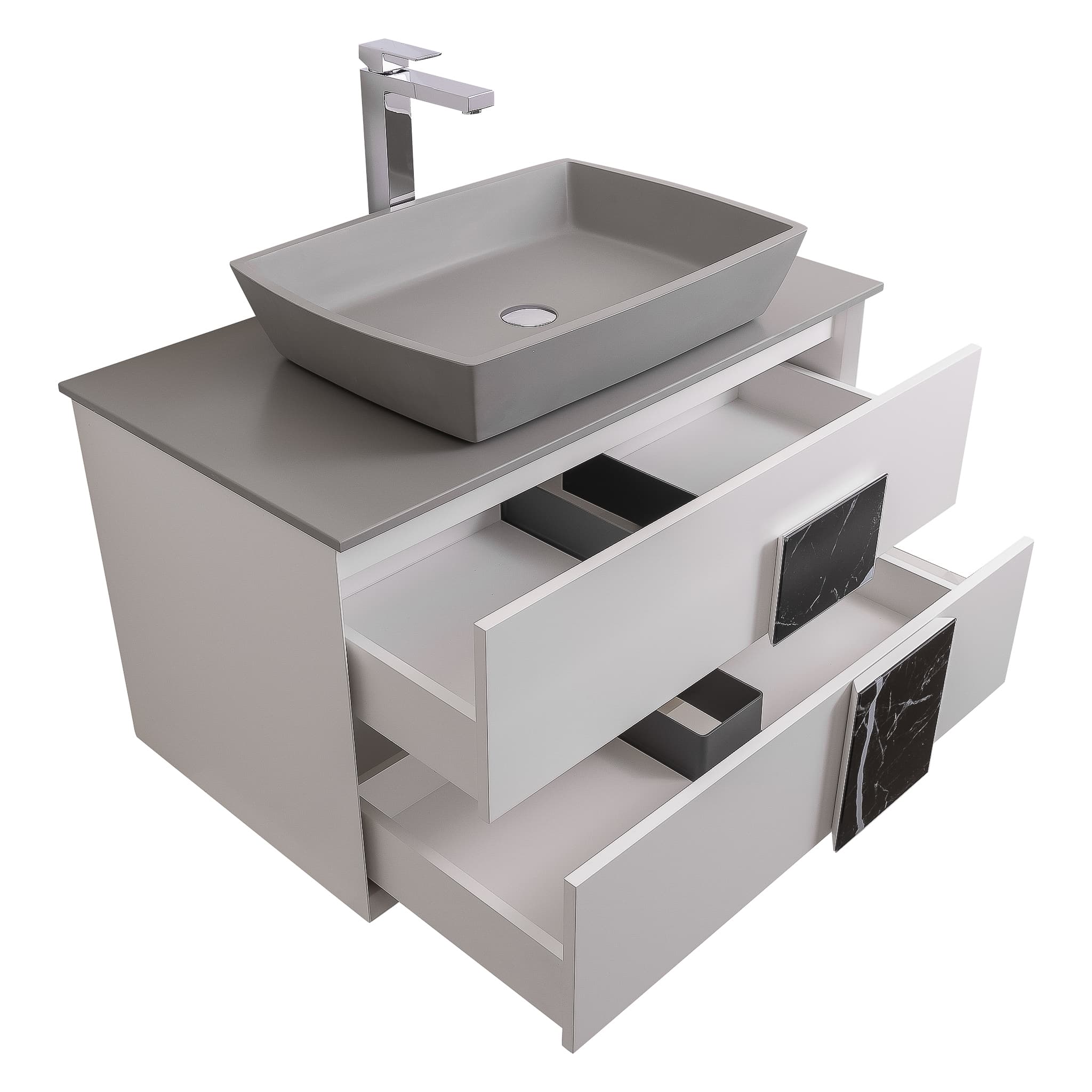 Piazza 31.5 Matte White With Black Marble Handle Cabinet, Solid Surface Flat Grey Counter and Square Solid Surface Grey Basin 1316, Wall Mounted Modern Vanity Set