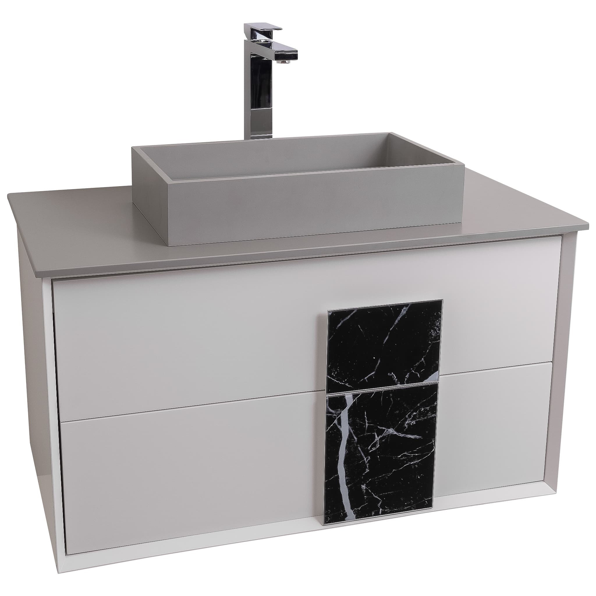 Piazza 31.5 Matte White With Black Marble Handle Cabinet, Solid Surface Flat Grey Counter and Infinity Square Solid Surface Grey Basin 1329, Wall Mounted Modern Vanity Set