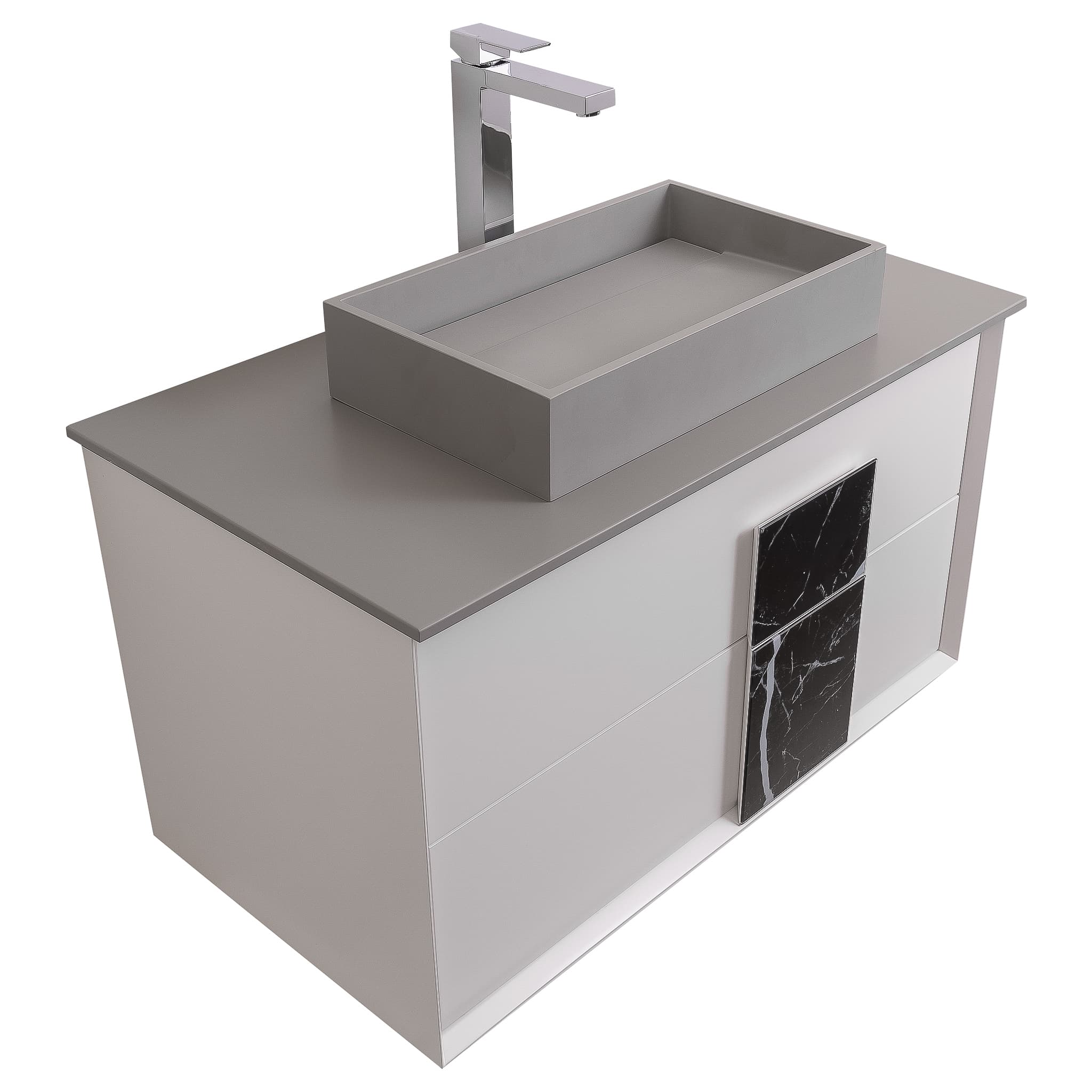 Piazza 31.5 Matte White With Black Marble Handle Cabinet, Solid Surface Flat Grey Counter and Infinity Square Solid Surface Grey Basin 1329, Wall Mounted Modern Vanity Set