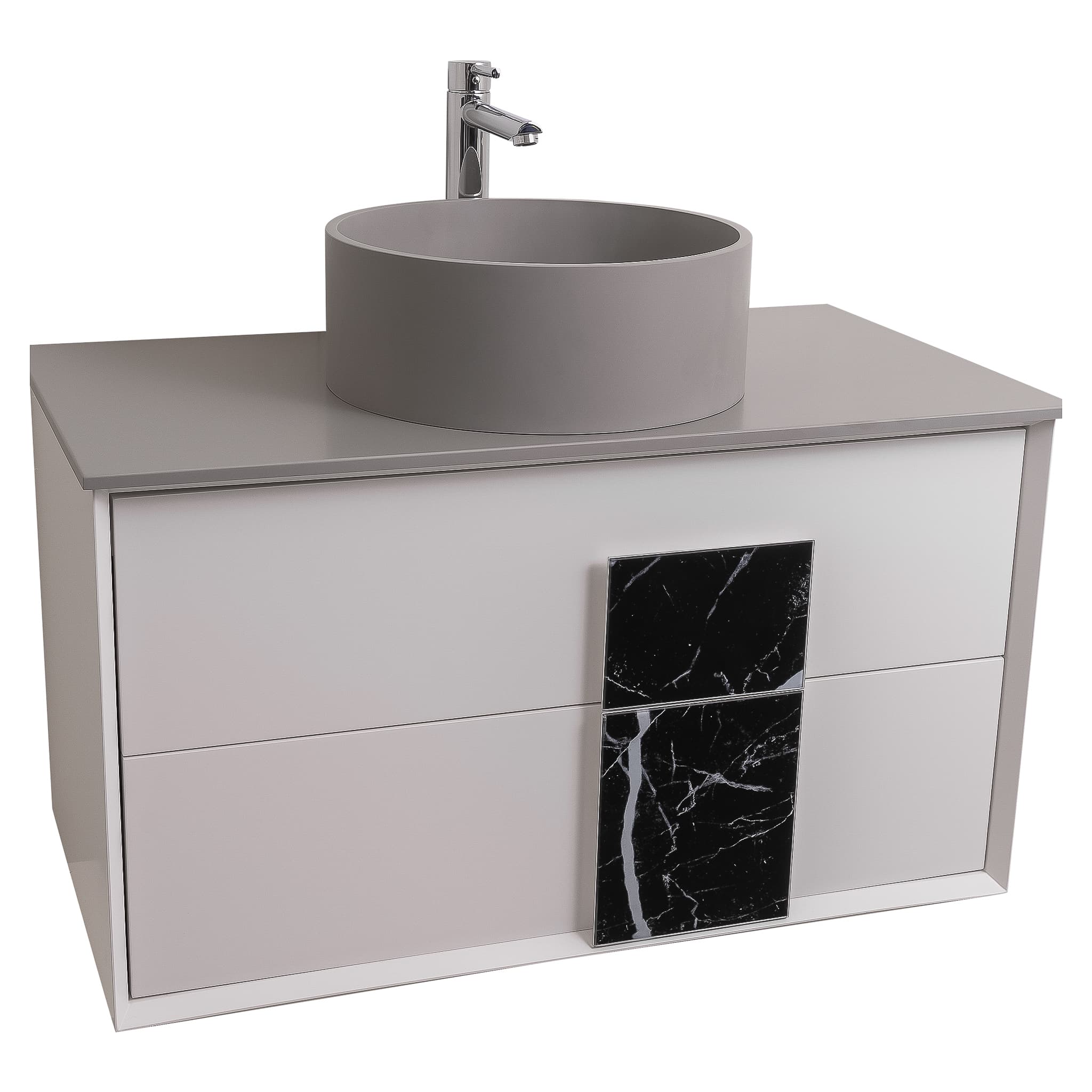 Piazza 31.5 Matte White With Black Marble Handle Cabinet, Solid Surface Flat Grey Counter and Round Solid Surface Grey Basin 1386, Wall Mounted Modern Vanity Set