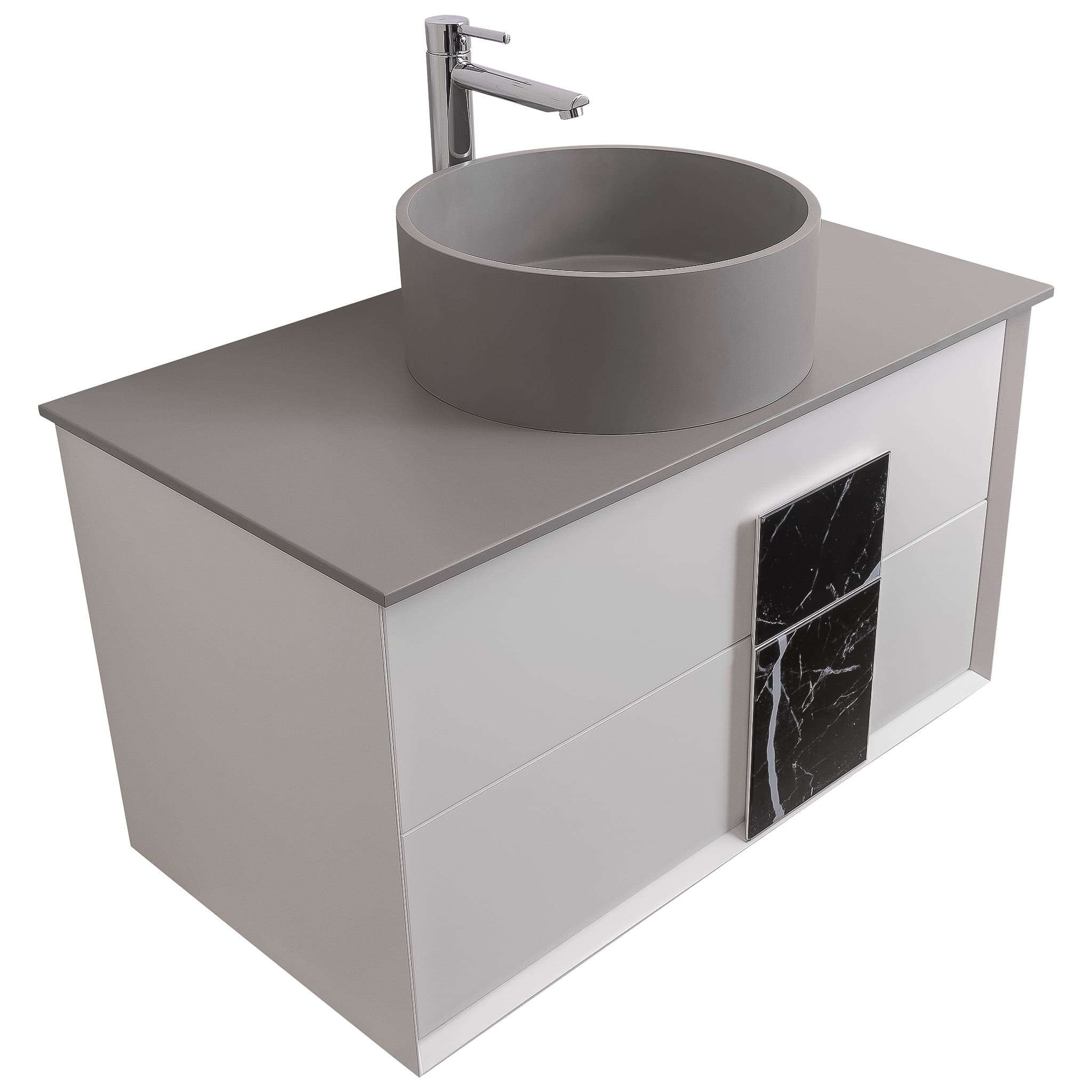 Piazza 31.5 Matte White With Black Marble Handle Cabinet, Solid Surface Flat Grey Counter and Round Solid Surface Grey Basin 1386, Wall Mounted Modern Vanity Set