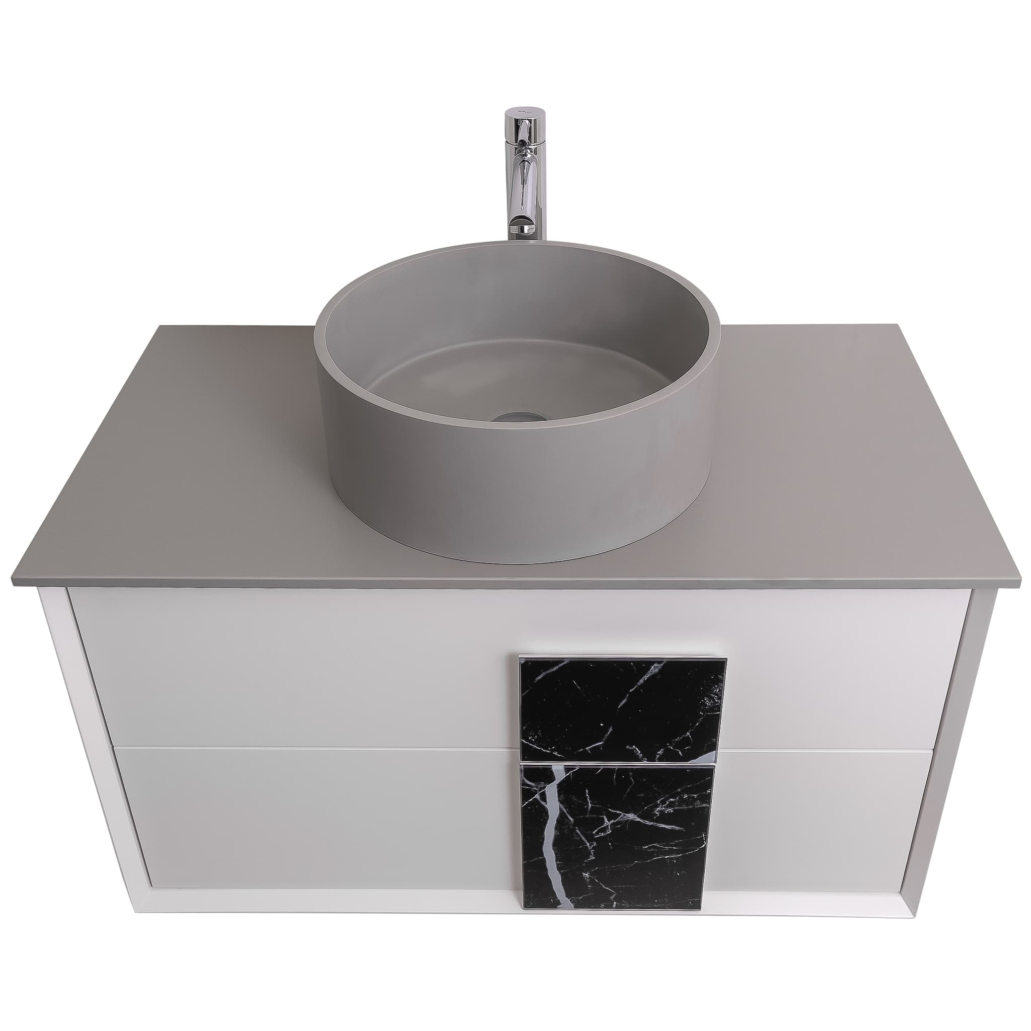 Piazza 31.5 Matte White With Black Marble Handle Cabinet, Solid Surface Flat Grey Counter and Round Solid Surface Grey Basin 1386, Wall Mounted Modern Vanity Set