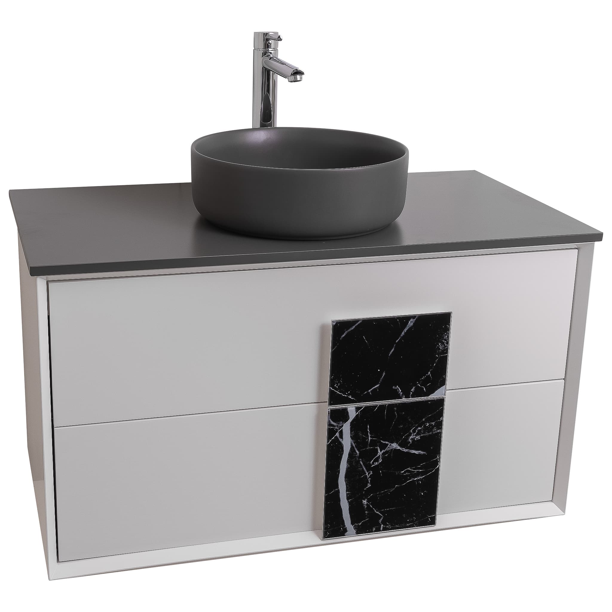 Piazza 31.5 Matte White With Black Marble Handle Cabinet, Ares Grey Ceniza Top and Ares Grey Ceniza Ceramic Basin, Wall Mounted Modern Vanity Set