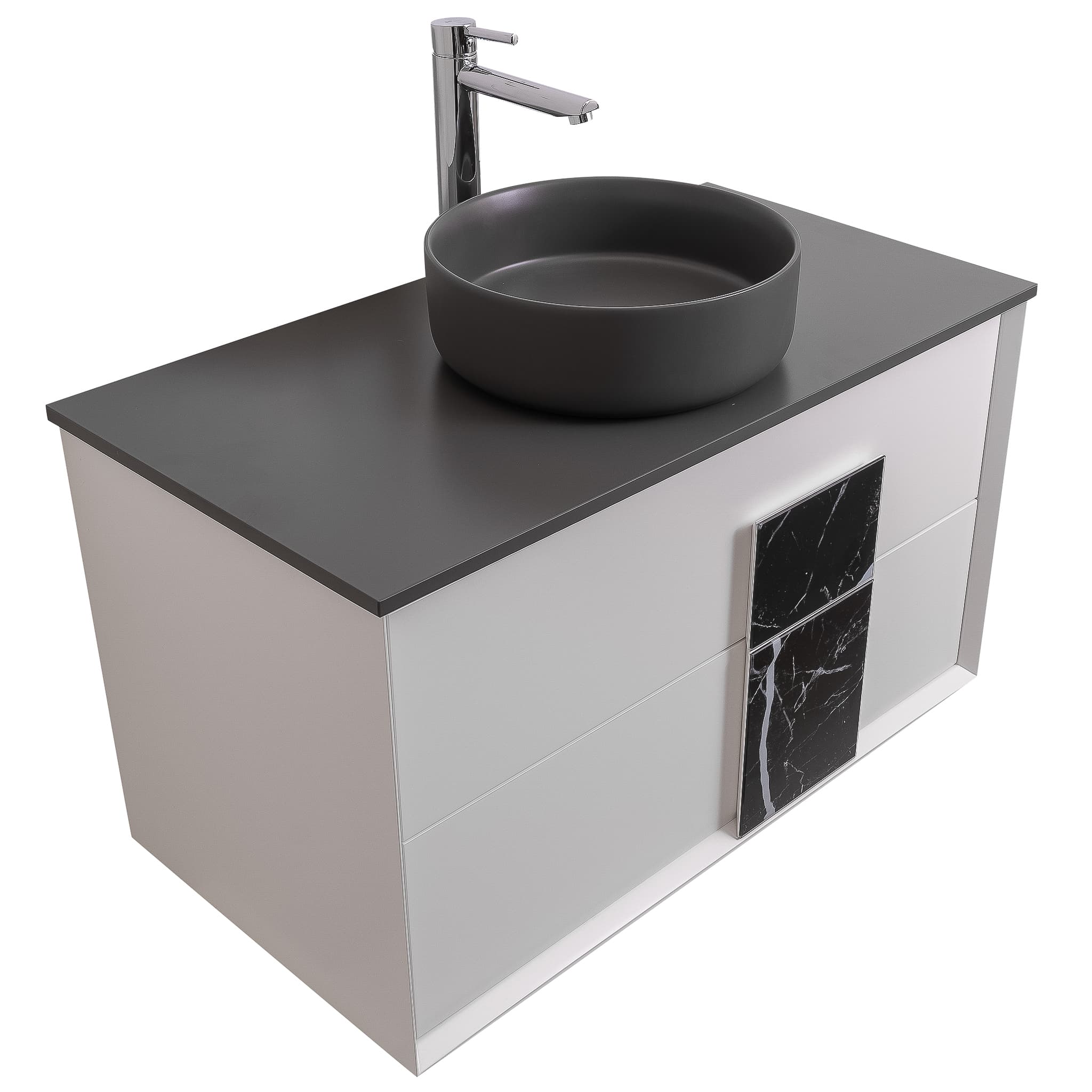 Piazza 31.5 Matte White With Black Marble Handle Cabinet, Ares Grey Ceniza Top and Ares Grey Ceniza Ceramic Basin, Wall Mounted Modern Vanity Set