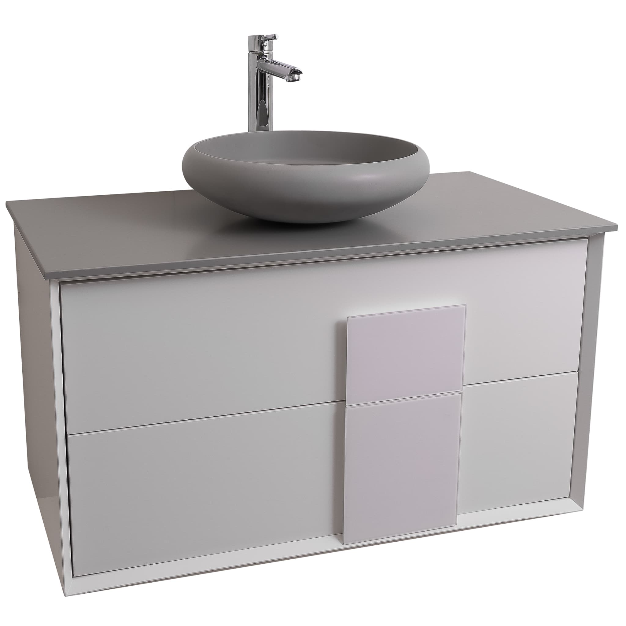 Piazza 31.5 Matte White With White Handle Cabinet, Solid Surface Flat Grey Counter and Round Solid Surface Grey Basin 1153, Wall Mounted Modern Vanity Set