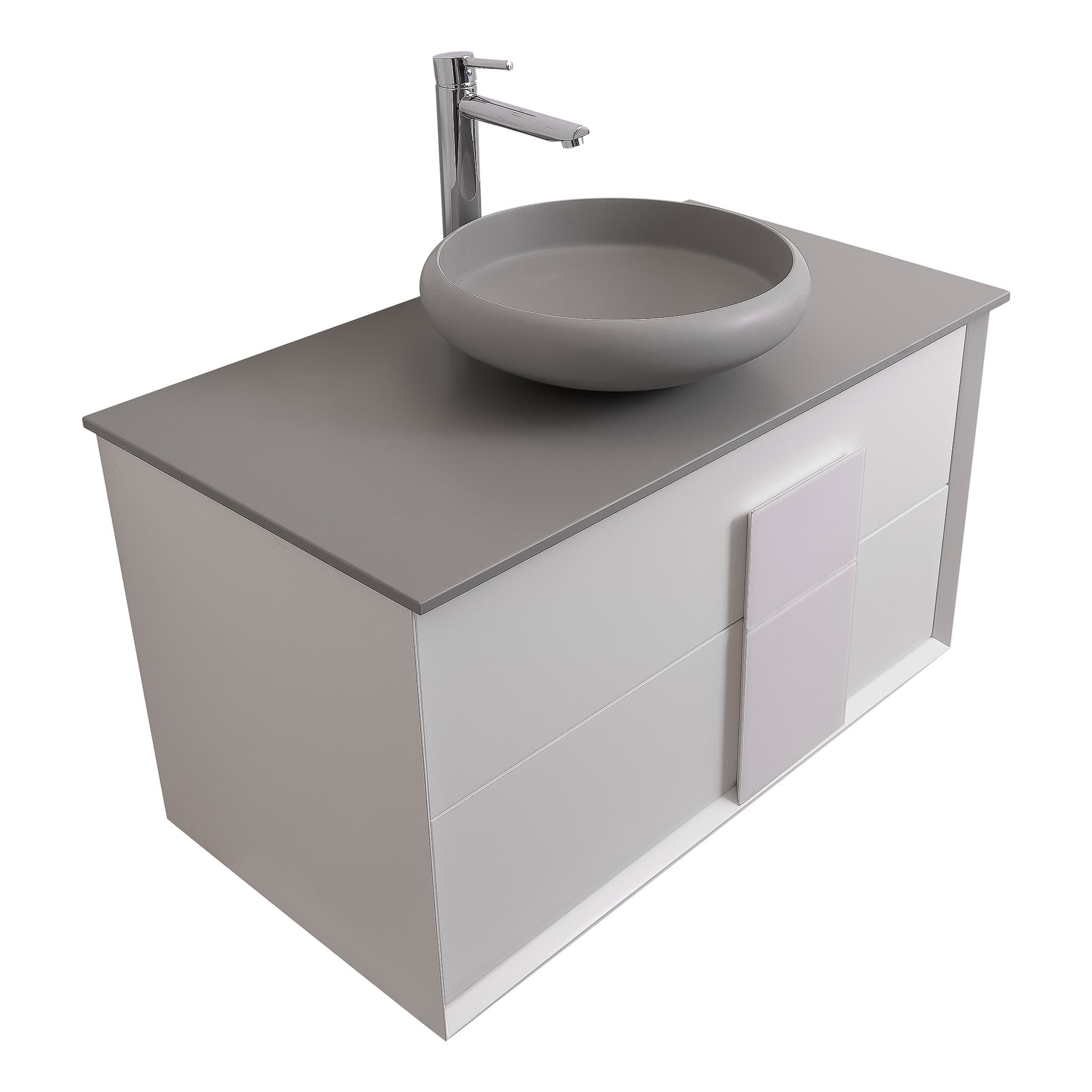 Piazza 31.5 Matte White With White Handle Cabinet, Solid Surface Flat Grey Counter and Round Solid Surface Grey Basin 1153, Wall Mounted Modern Vanity Set