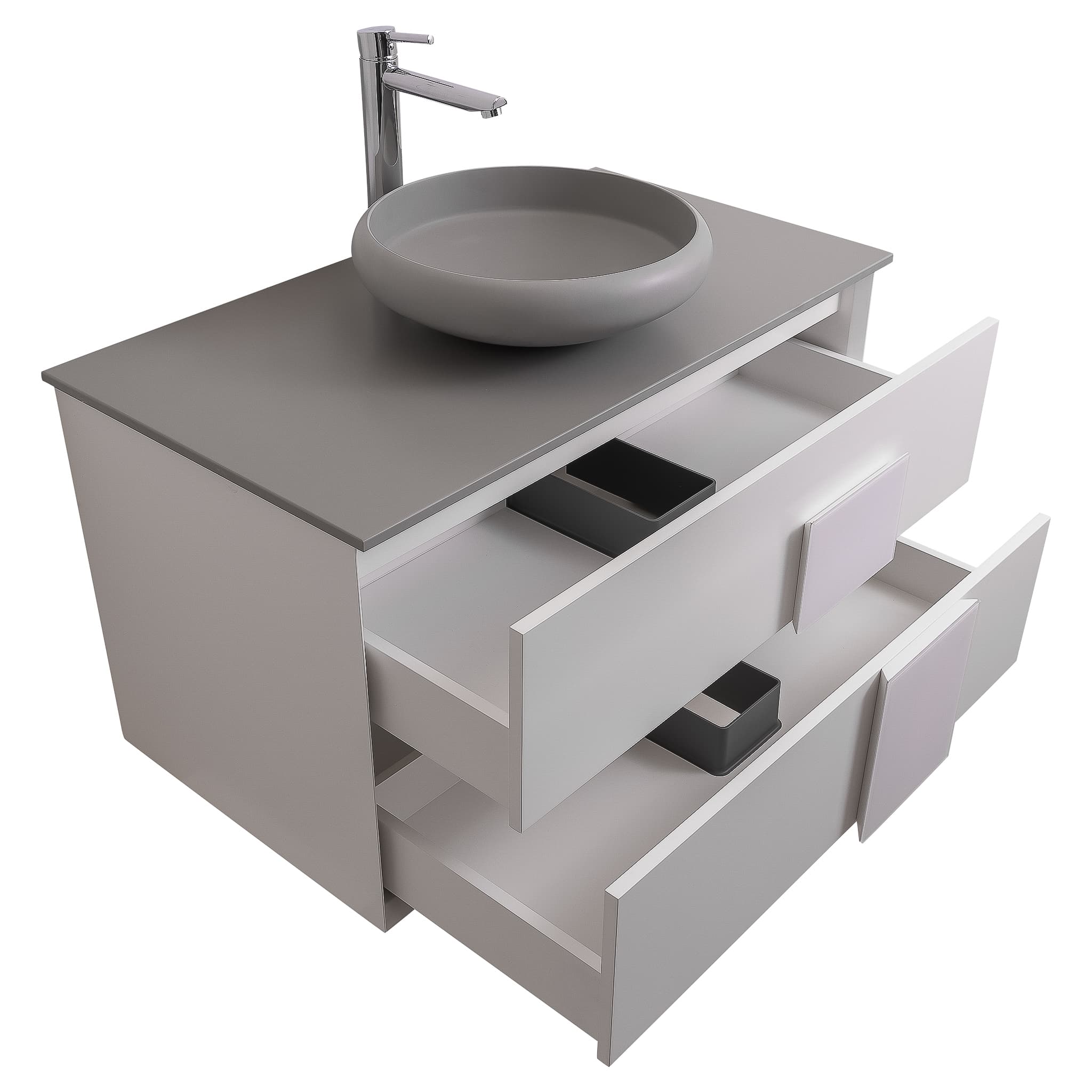 Piazza 31.5 Matte White With White Handle Cabinet, Solid Surface Flat Grey Counter and Round Solid Surface Grey Basin 1153, Wall Mounted Modern Vanity Set