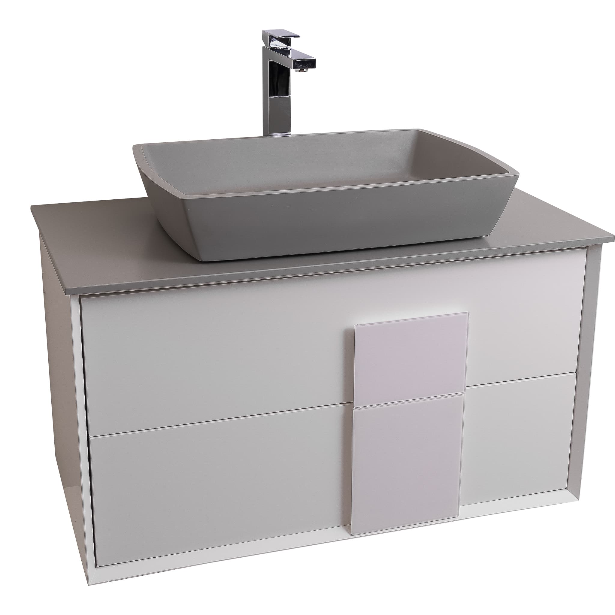 Piazza 31.5 Matte White With White Handle Cabinet, Solid Surface Flat Grey Counter and Square Solid Surface Grey Basin 1316, Wall Mounted Modern Vanity Set