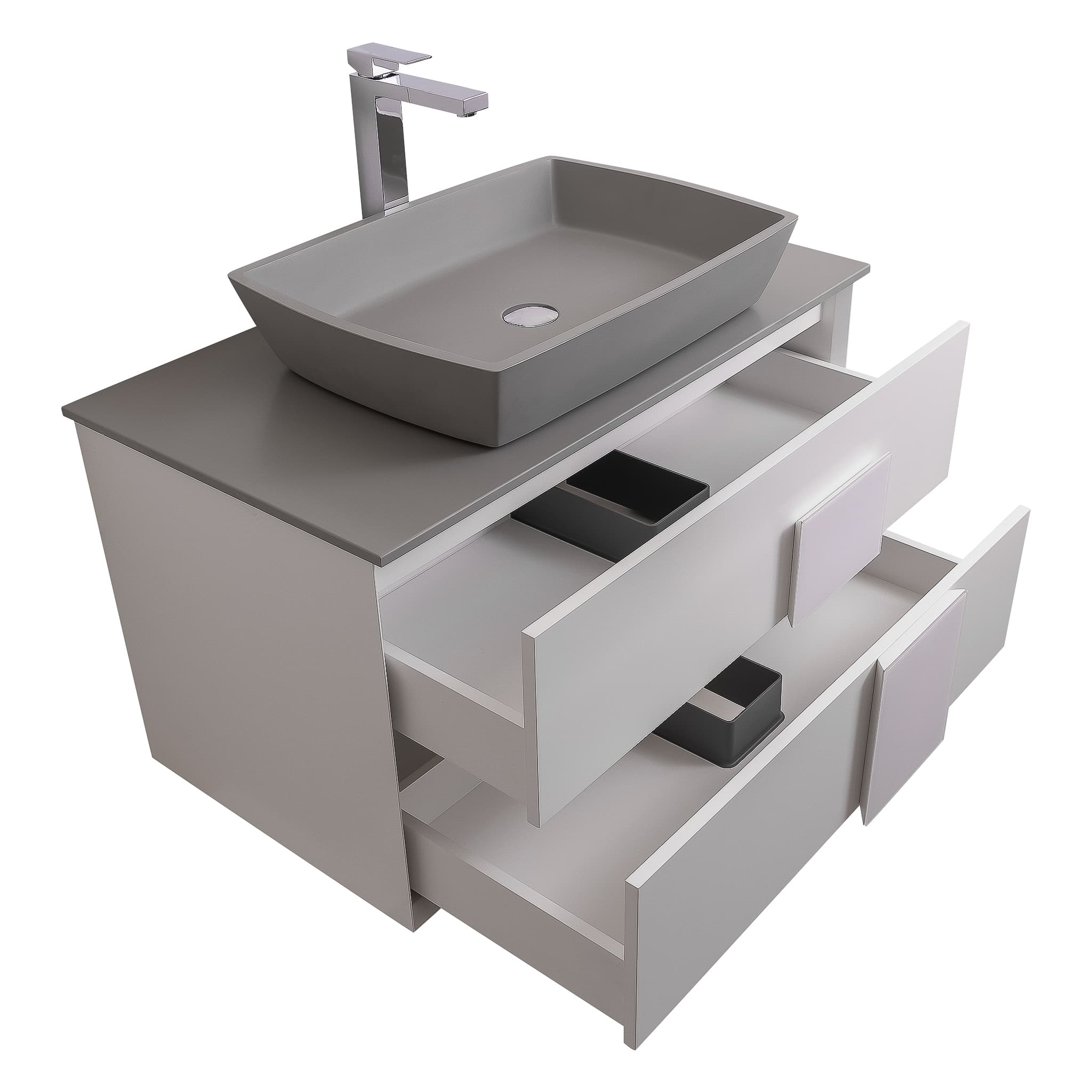 Piazza 31.5 Matte White With White Handle Cabinet, Solid Surface Flat Grey Counter and Square Solid Surface Grey Basin 1316, Wall Mounted Modern Vanity Set