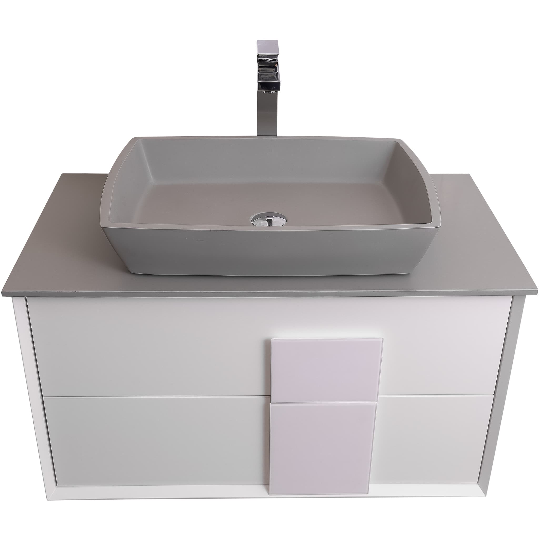Piazza 31.5 Matte White With White Handle Cabinet, Solid Surface Flat Grey Counter and Square Solid Surface Grey Basin 1316, Wall Mounted Modern Vanity Set