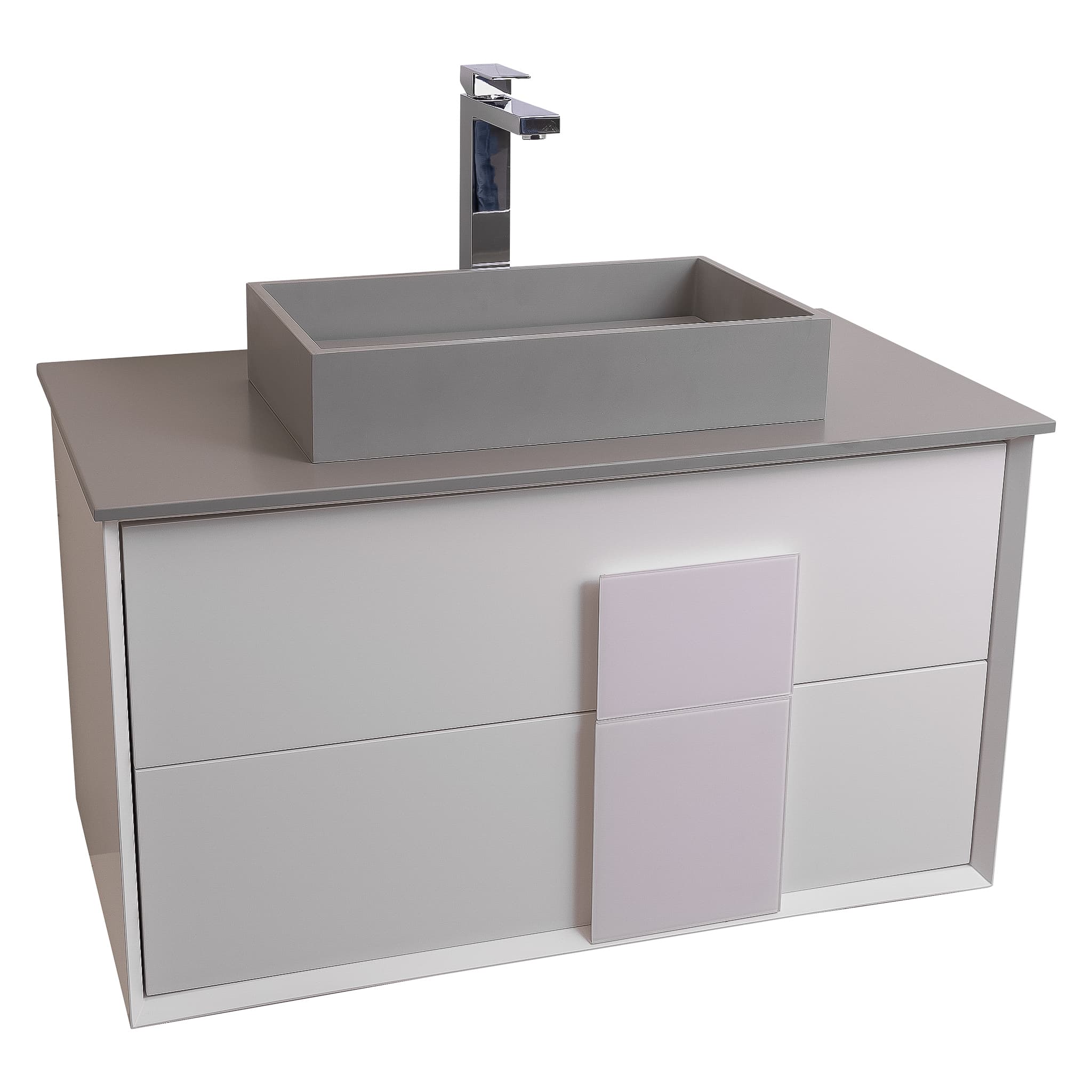 Piazza 31.5 Matte White With White Handle Cabinet, Solid Surface Flat Grey Counter and Infinity Square Solid Surface Grey Basin 1329, Wall Mounted Modern Vanity Set