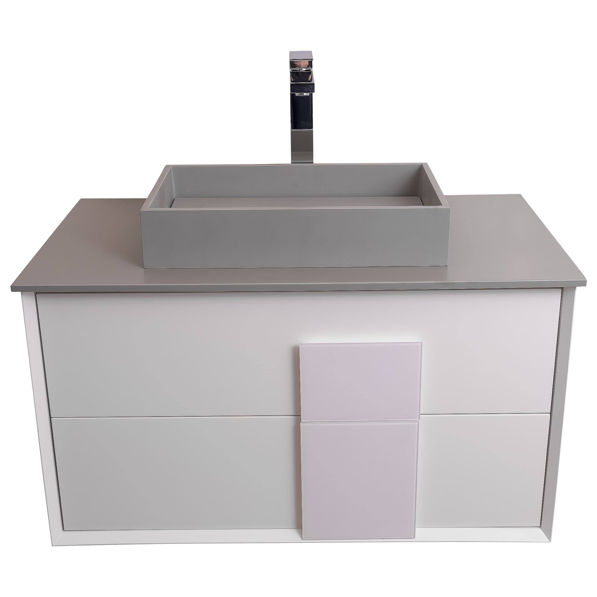 Piazza 31.5 Matte White With White Handle Cabinet, Solid Surface Flat Grey Counter and Infinity Square Solid Surface Grey Basin 1329, Wall Mounted Modern Vanity Set