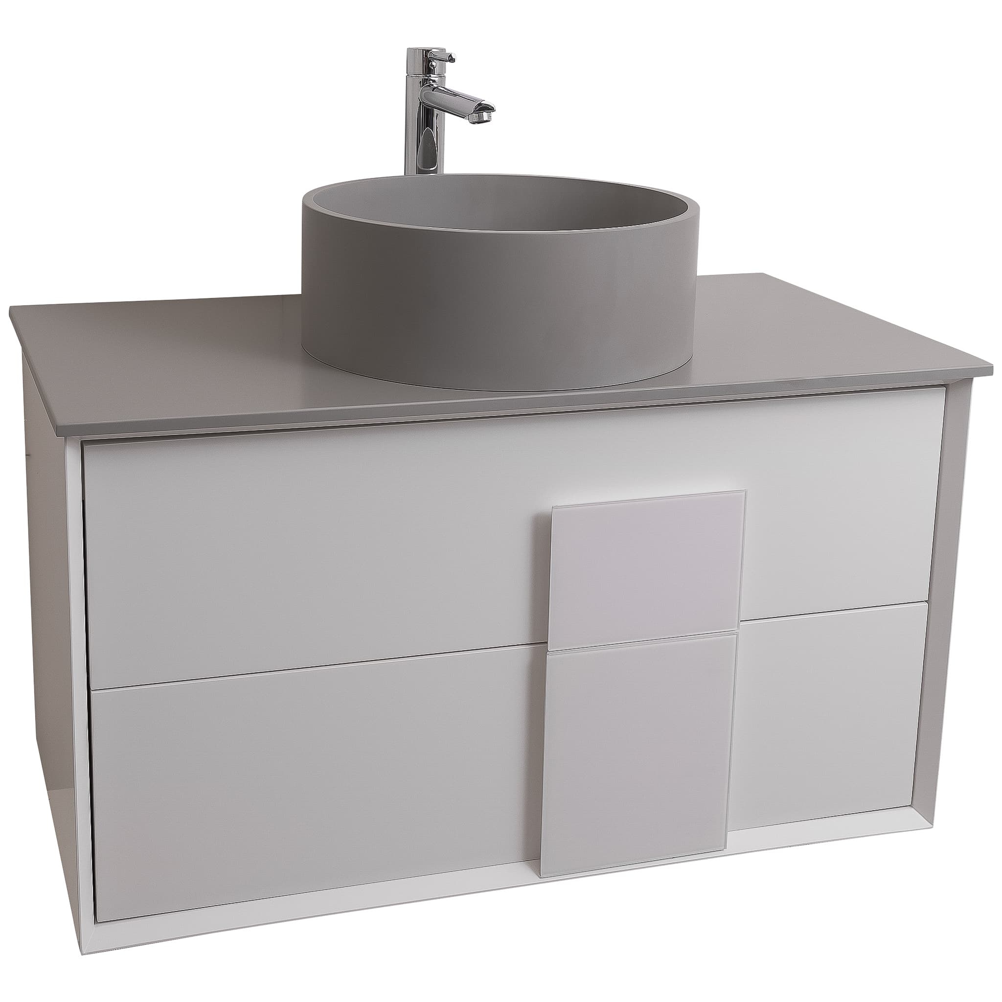 Piazza 31.5 Matte White With White Handle Cabinet, Solid Surface Flat Grey Counter and Round Solid Surface Grey Basin 1386, Wall Mounted Modern Vanity Set