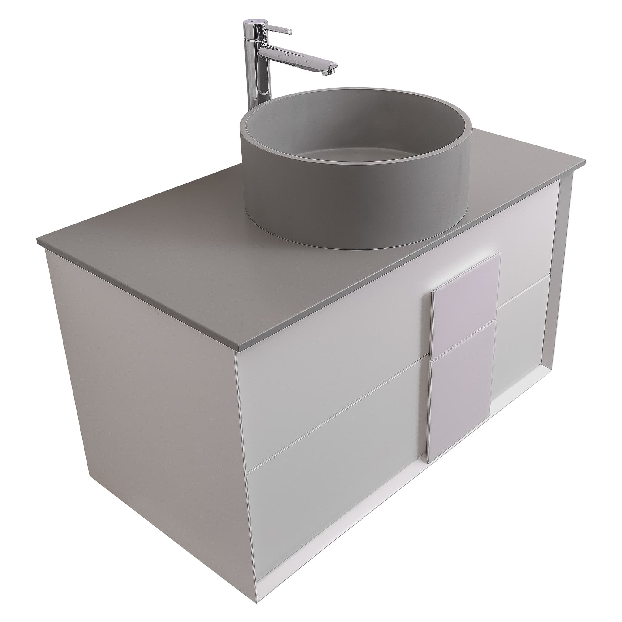 Piazza 31.5 Matte White With White Handle Cabinet, Solid Surface Flat Grey Counter and Round Solid Surface Grey Basin 1386, Wall Mounted Modern Vanity Set