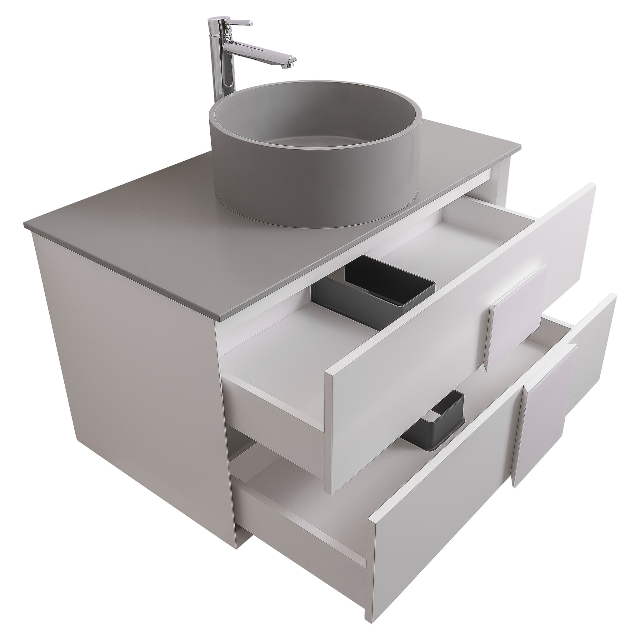 Piazza 31.5 Matte White With White Handle Cabinet, Solid Surface Flat Grey Counter and Round Solid Surface Grey Basin 1386, Wall Mounted Modern Vanity Set