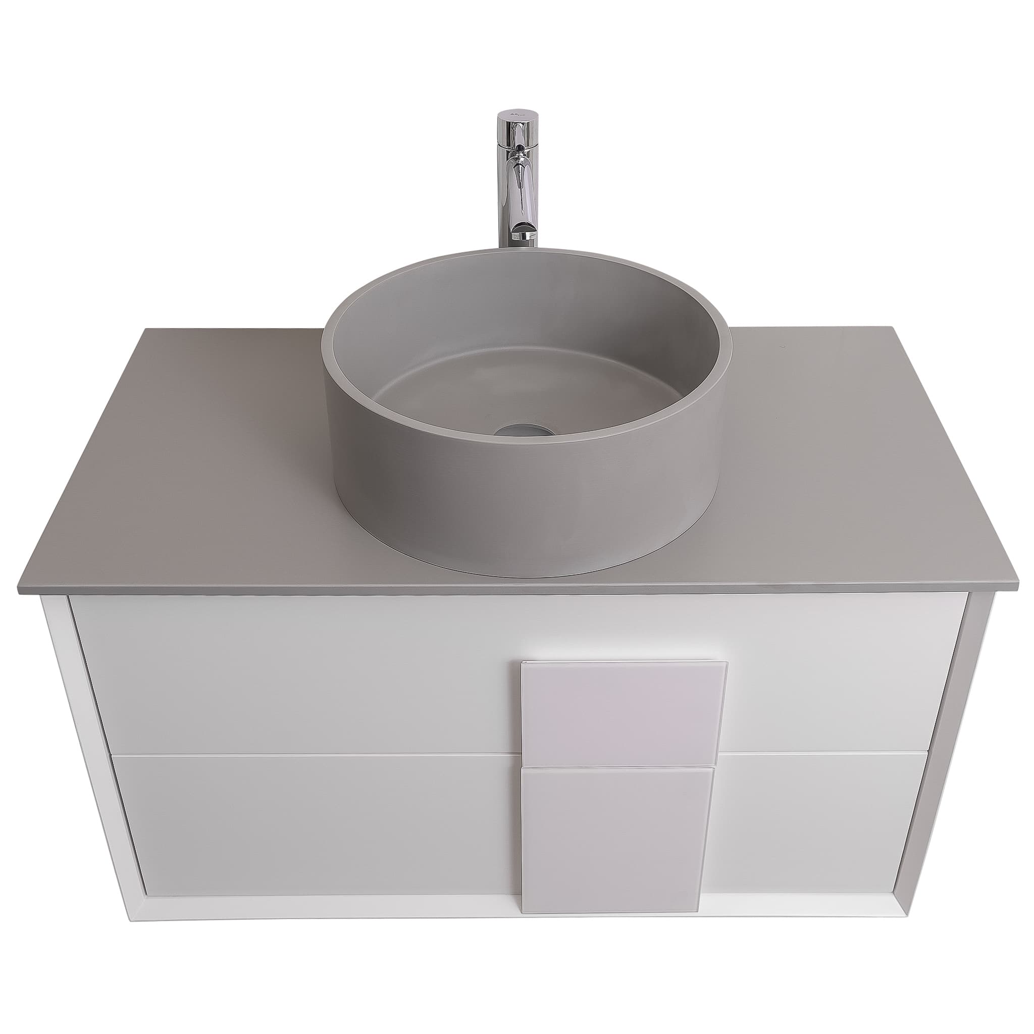 Piazza 31.5 Matte White With White Handle Cabinet, Solid Surface Flat Grey Counter and Round Solid Surface Grey Basin 1386, Wall Mounted Modern Vanity Set