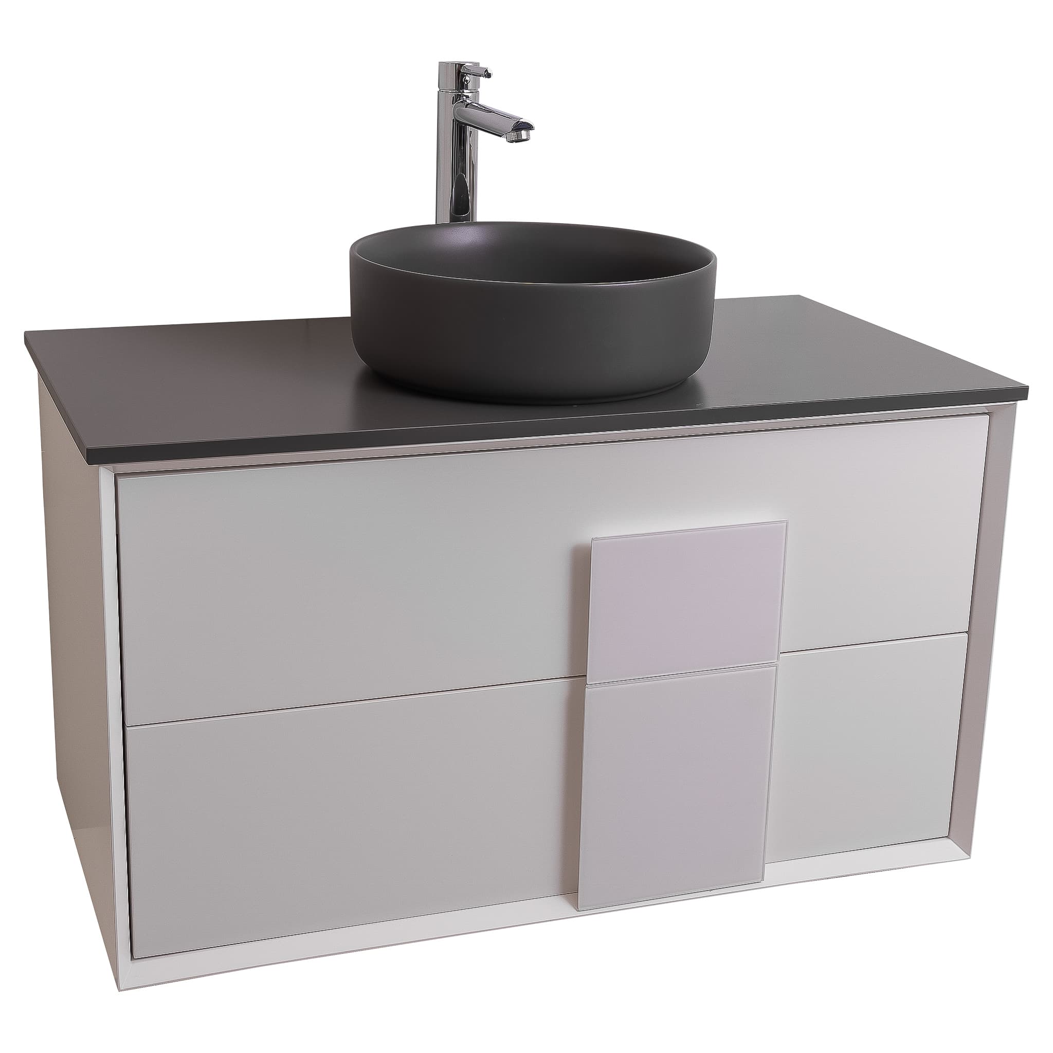 Piazza 31.5 Matte White With White Handle Cabinet, Ares Grey Ceniza Top and Ares Grey Ceniza Ceramic Basin, Wall Mounted Modern Vanity Set