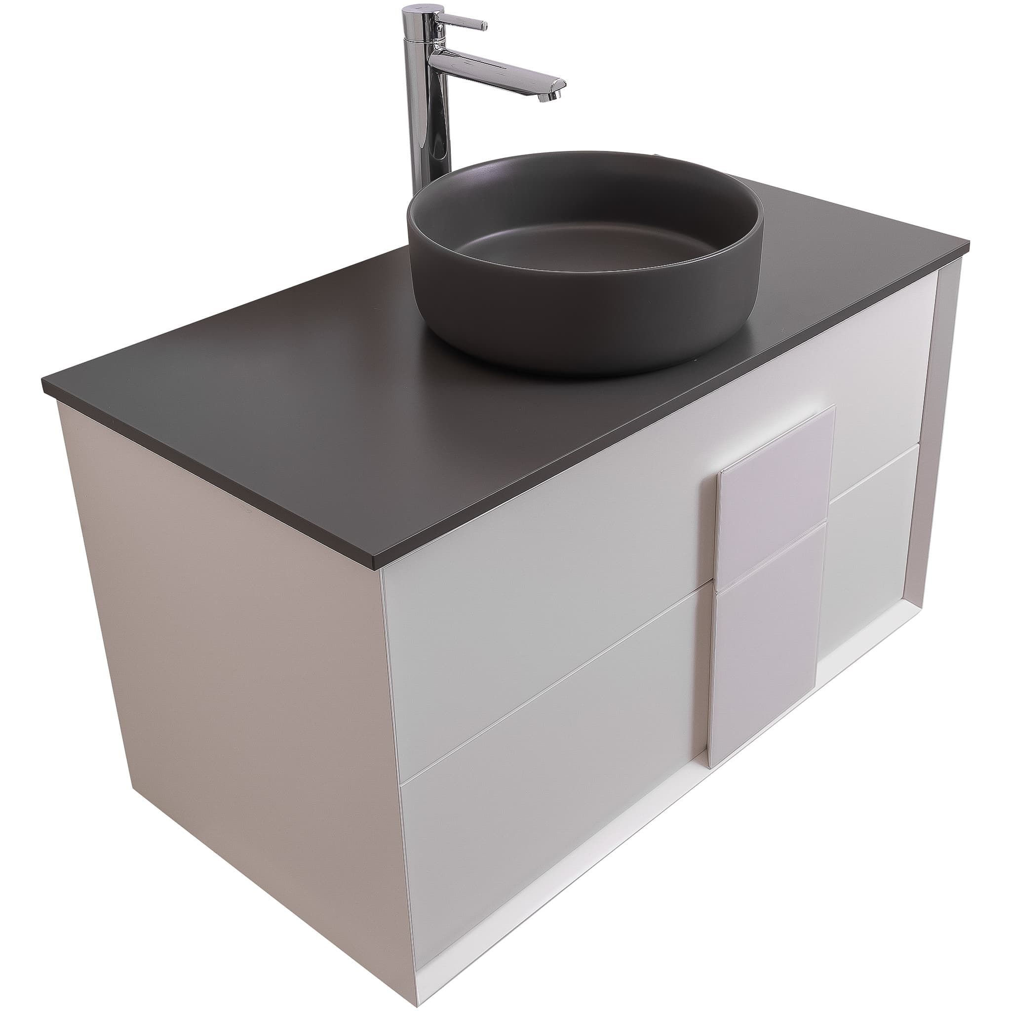 Piazza 31.5 Matte White With White Handle Cabinet, Ares Grey Ceniza Top and Ares Grey Ceniza Ceramic Basin, Wall Mounted Modern Vanity Set