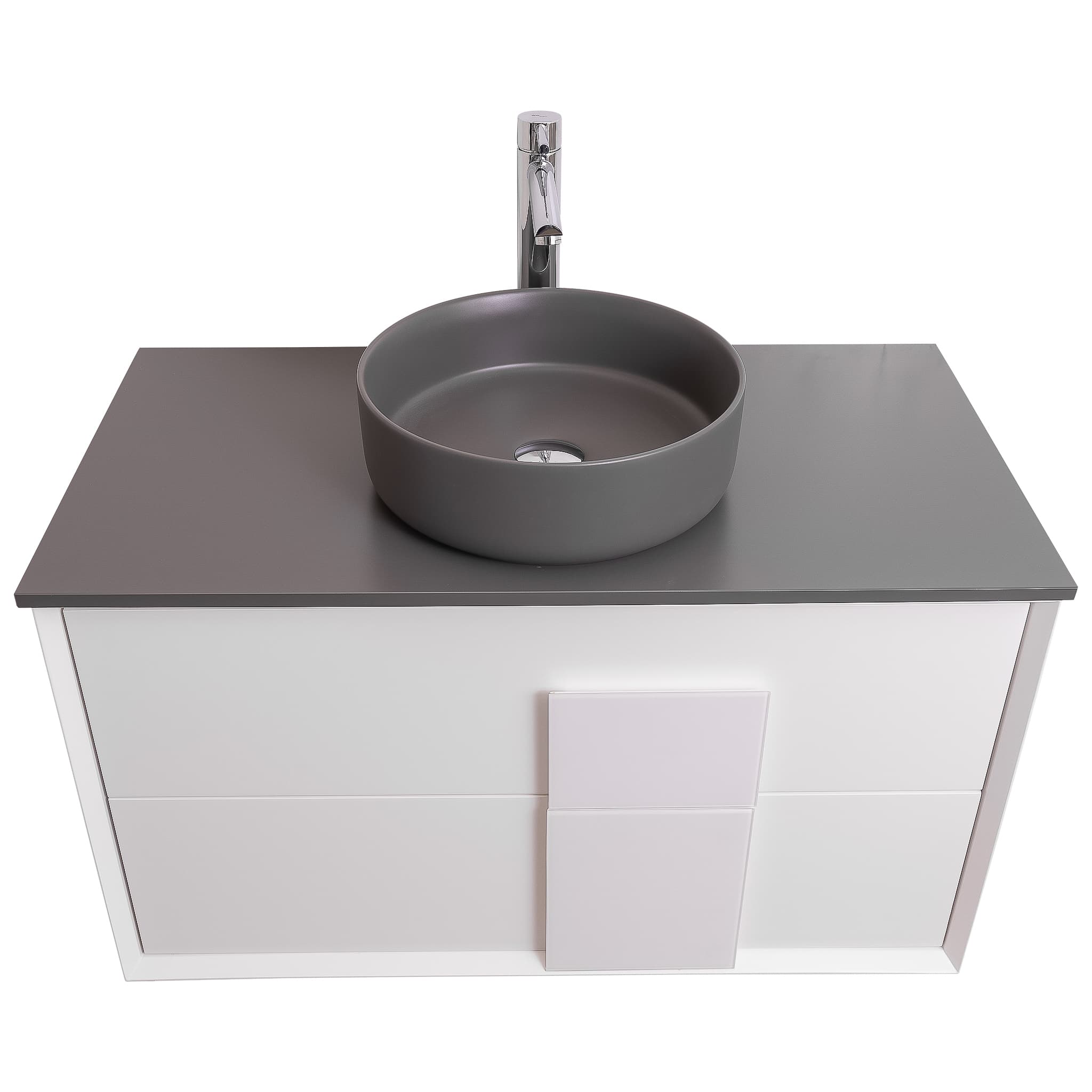 Piazza 31.5 Matte White With White Handle Cabinet, Ares Grey Ceniza Top and Ares Grey Ceniza Ceramic Basin, Wall Mounted Modern Vanity Set