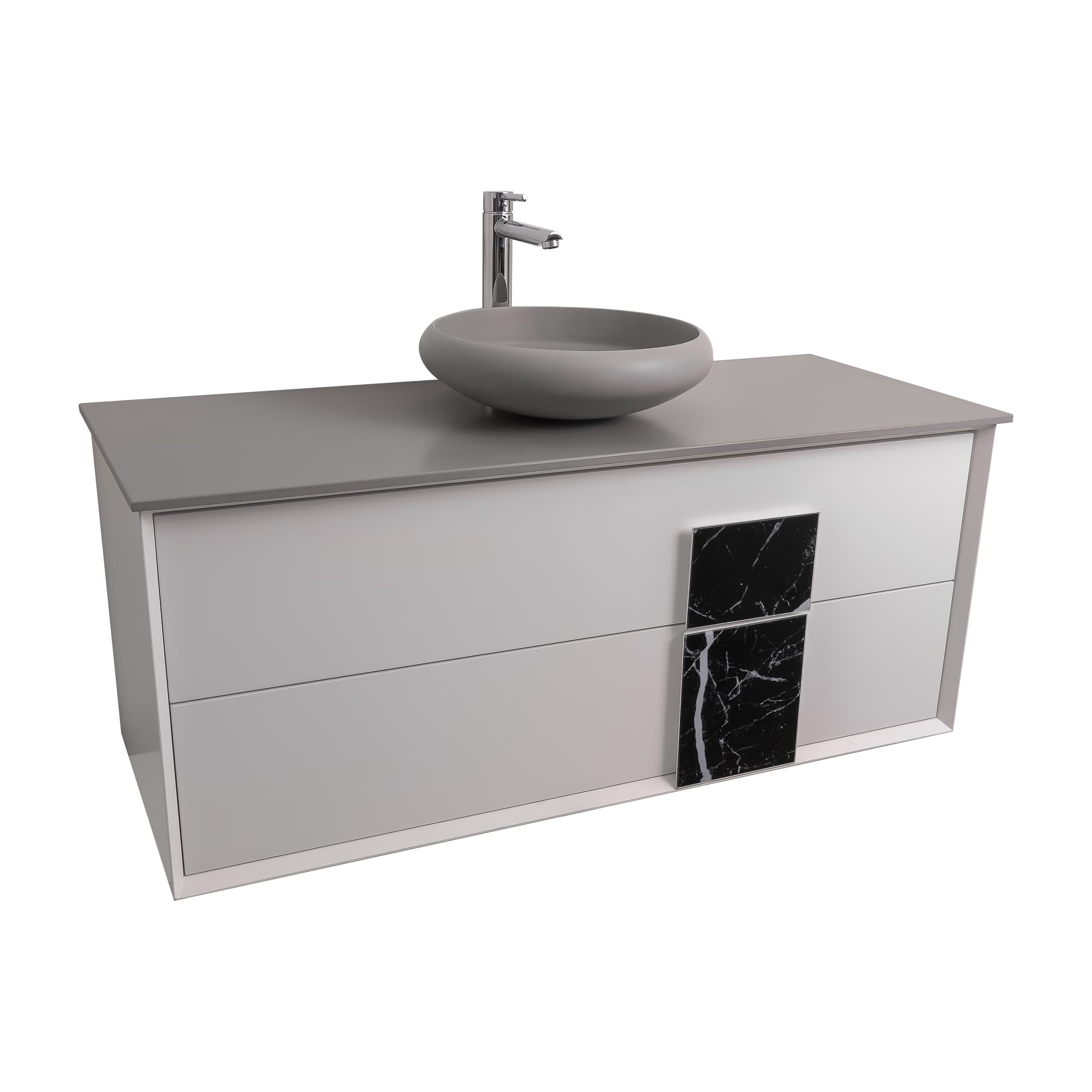 Piazza 47.5 Matte White With Black Marble Handle Cabinet, Solid Surface Flat Grey Counter and Round Solid Surface Grey Basin 1153, Wall Mounted Modern Vanity Set