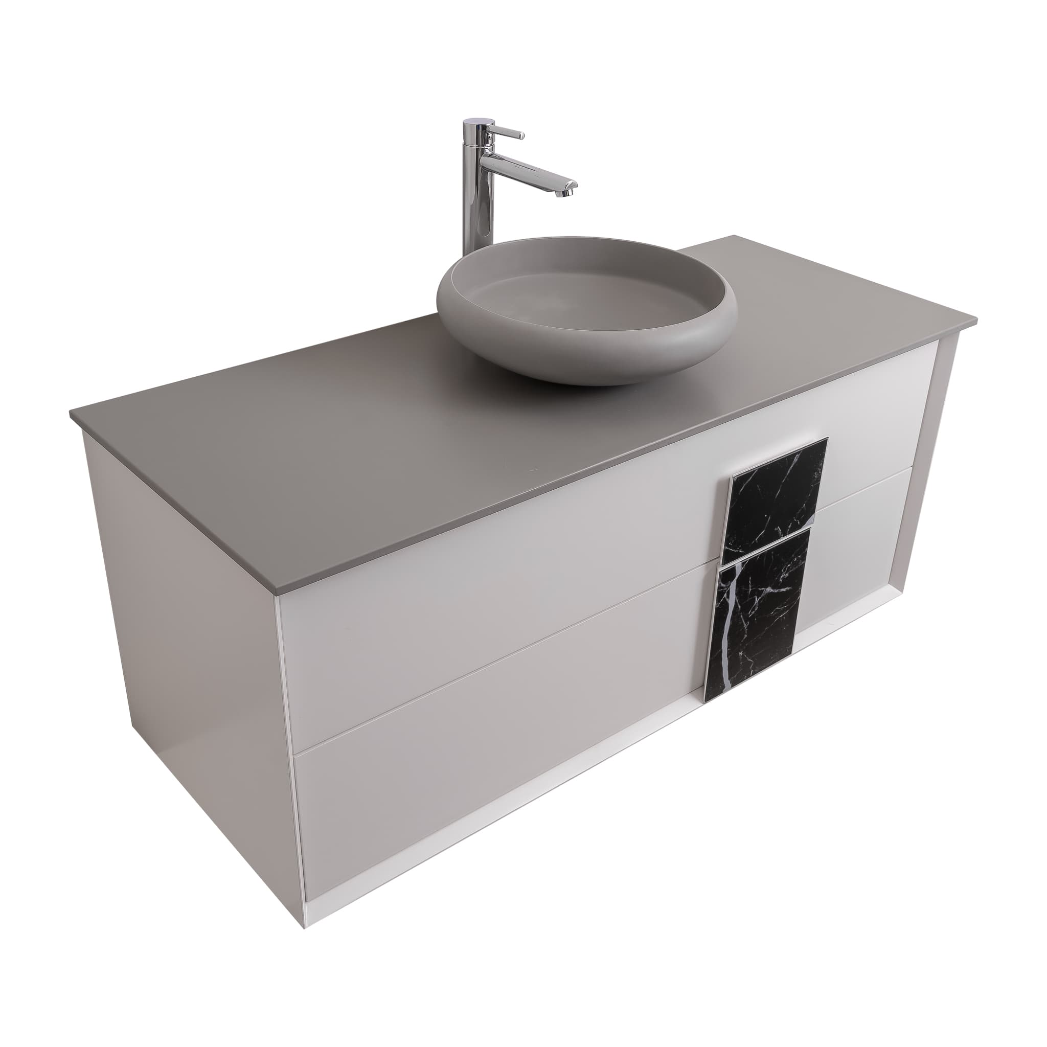 Piazza 47.5 Matte White With Black Marble Handle Cabinet, Solid Surface Flat Grey Counter and Round Solid Surface Grey Basin 1153, Wall Mounted Modern Vanity Set