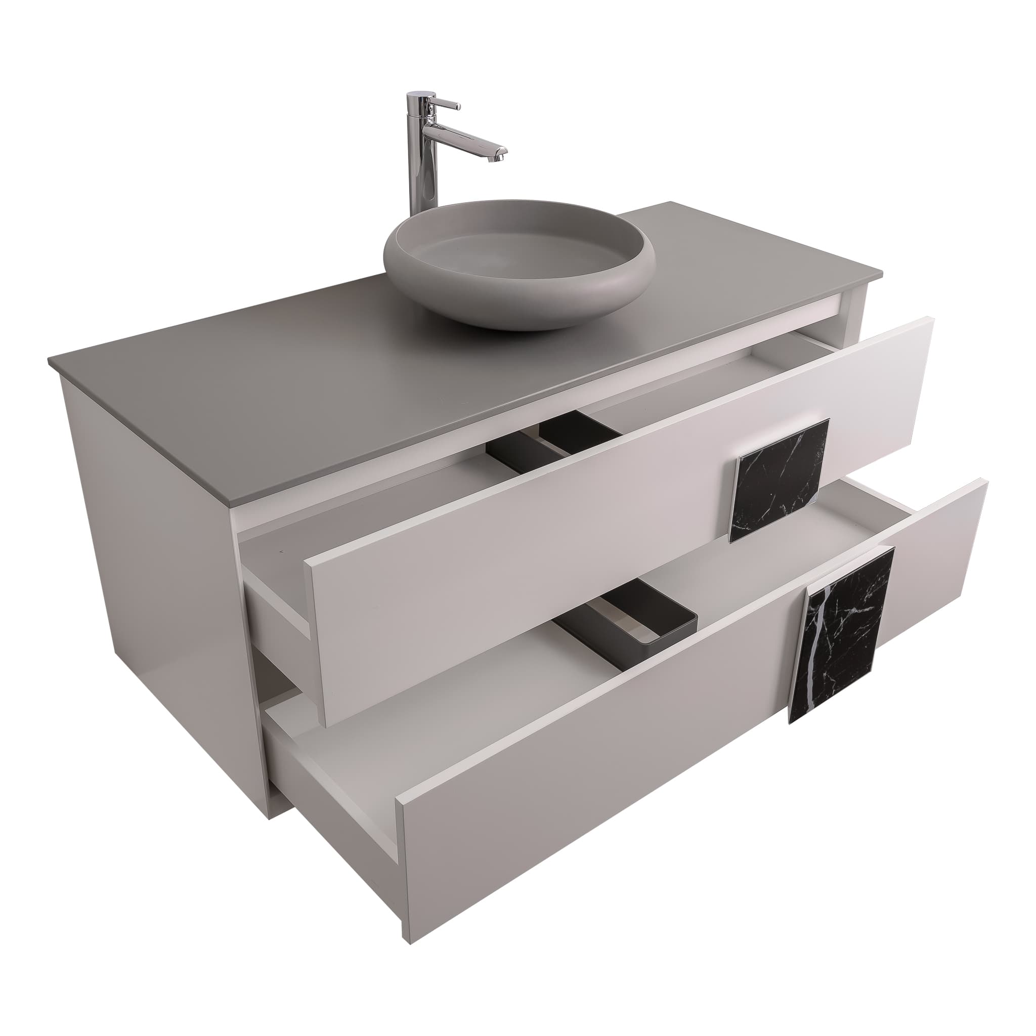 Piazza 47.5 Matte White With Black Marble Handle Cabinet, Solid Surface Flat Grey Counter and Round Solid Surface Grey Basin 1153, Wall Mounted Modern Vanity Set