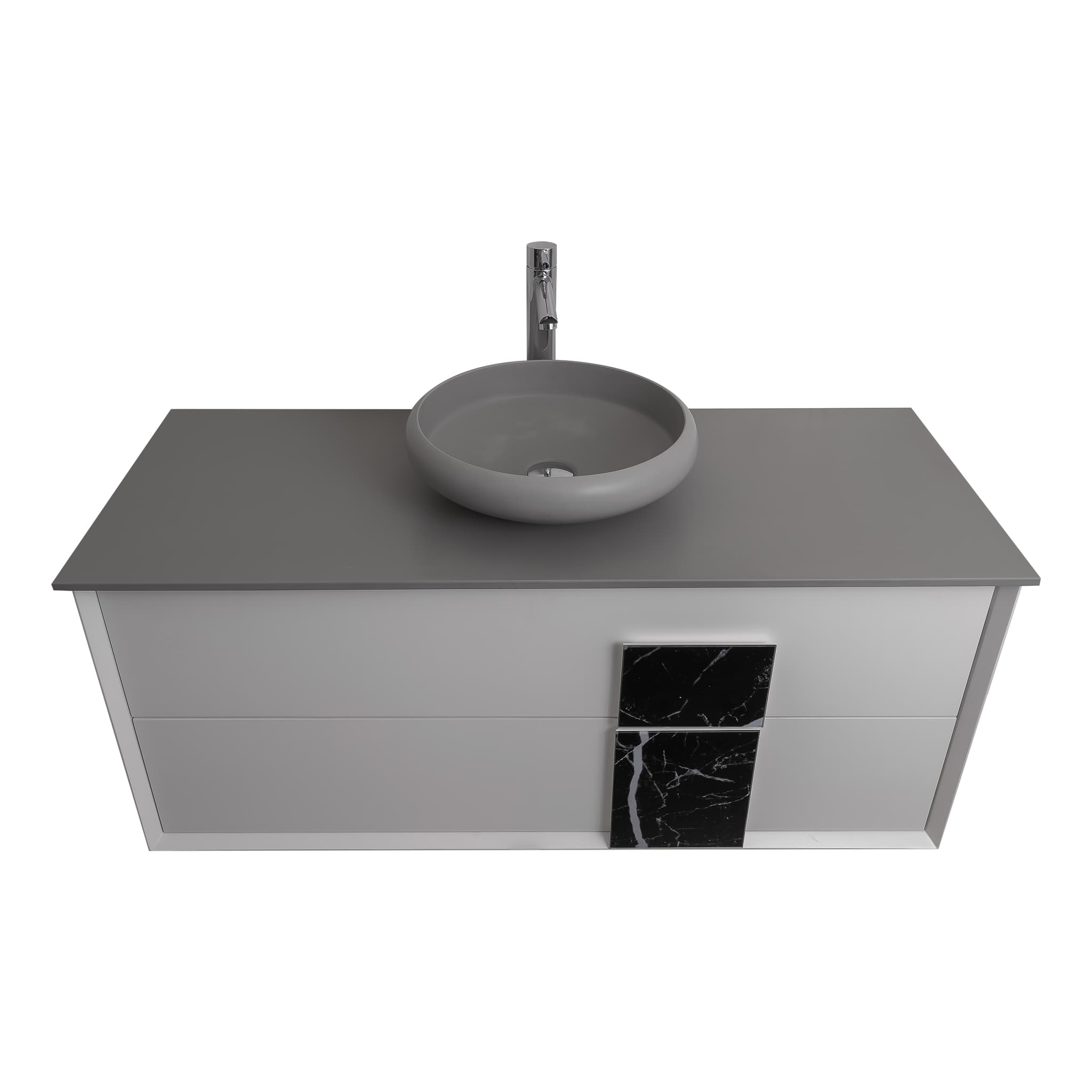 Piazza 47.5 Matte White With Black Marble Handle Cabinet, Solid Surface Flat Grey Counter and Round Solid Surface Grey Basin 1153, Wall Mounted Modern Vanity Set