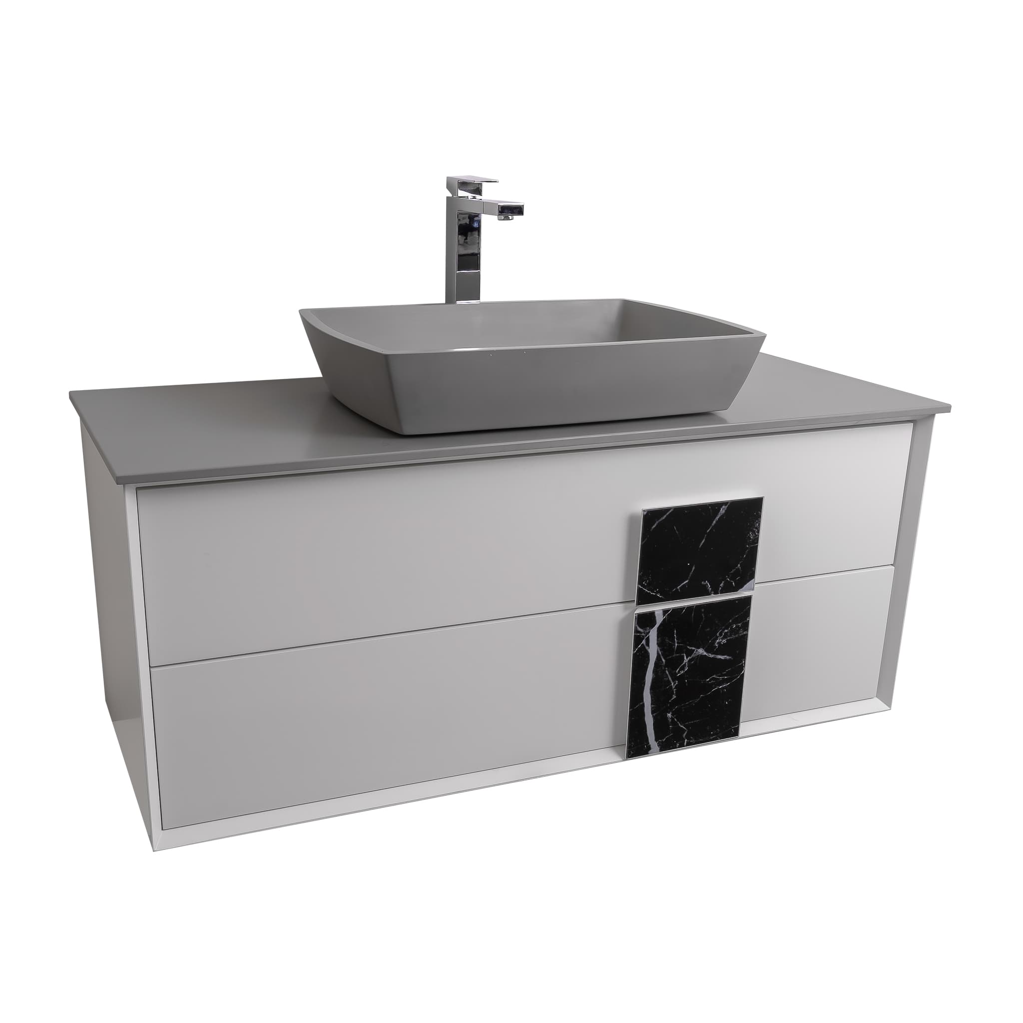 Piazza 47.5 Matte White With Black Marble Handle Cabinet, Solid Surface Flat Grey Counter and Square Solid Surface Grey Basin 1316, Wall Mounted Modern Vanity Set