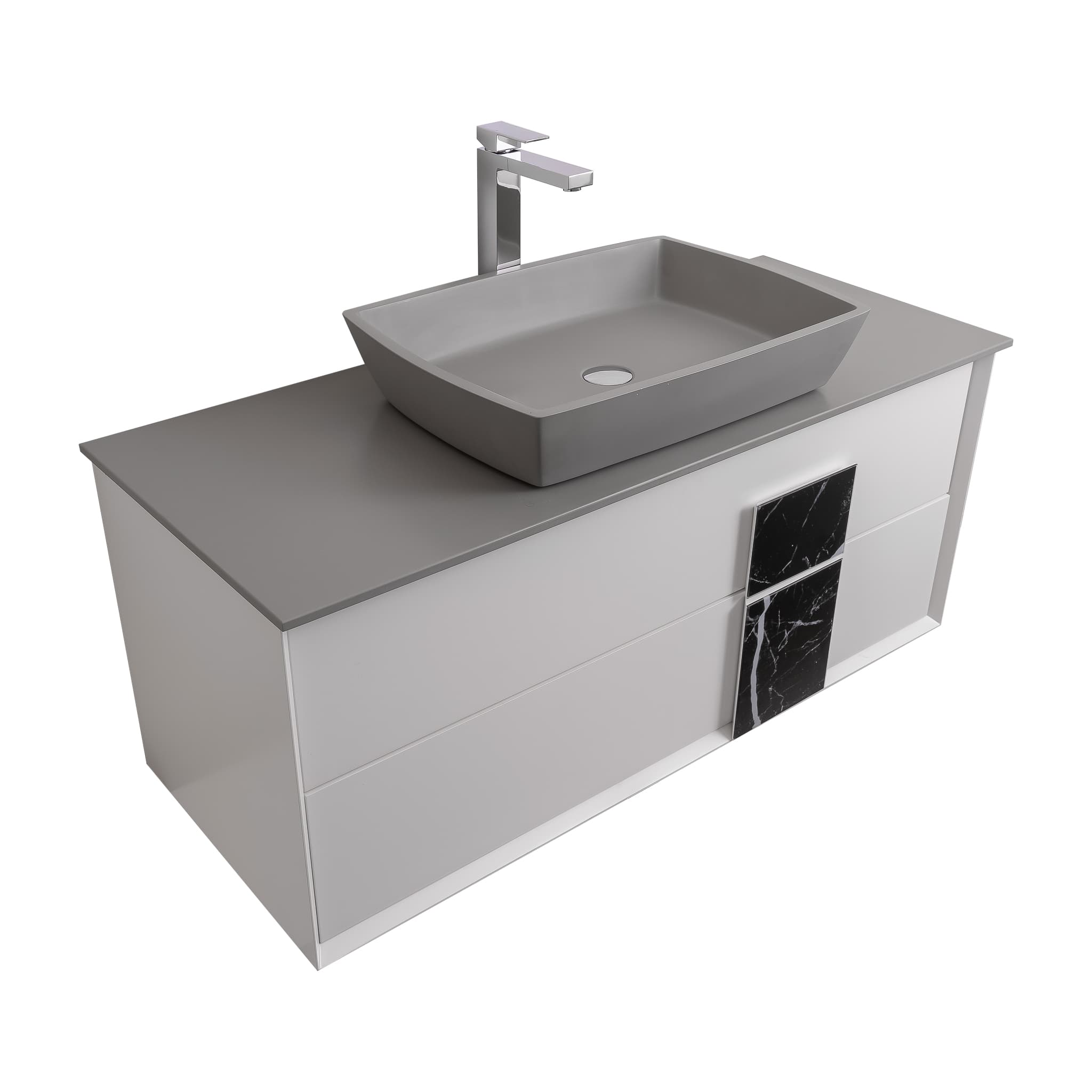 Piazza 47.5 Matte White With Black Marble Handle Cabinet, Solid Surface Flat Grey Counter and Square Solid Surface Grey Basin 1316, Wall Mounted Modern Vanity Set