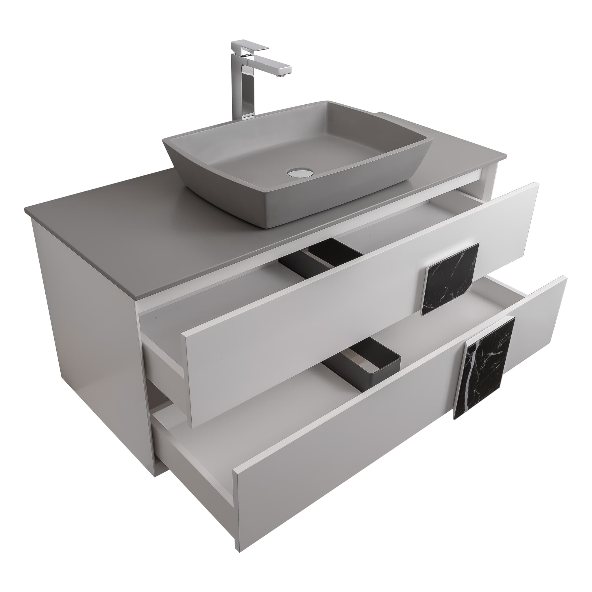 Piazza 47.5 Matte White With Black Marble Handle Cabinet, Solid Surface Flat Grey Counter and Square Solid Surface Grey Basin 1316, Wall Mounted Modern Vanity Set