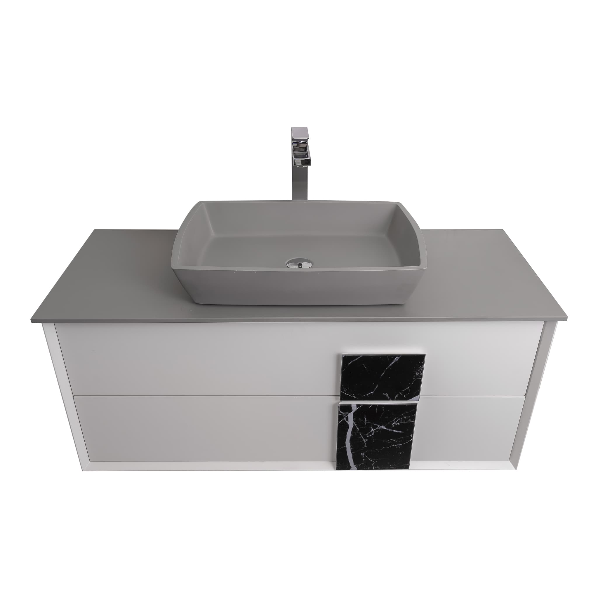 Piazza 47.5 Matte White With Black Marble Handle Cabinet, Solid Surface Flat Grey Counter and Square Solid Surface Grey Basin 1316, Wall Mounted Modern Vanity Set