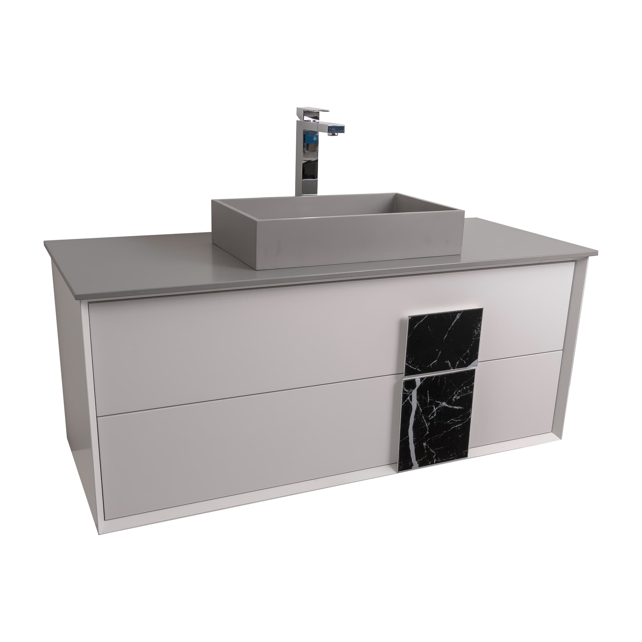 Piazza 47.5 Matte White With Black Marble Handle Cabinet, Solid Surface Flat Grey Counter and Infinity Square Solid Surface Grey Basin 1329, Wall Mounted Modern Vanity Set