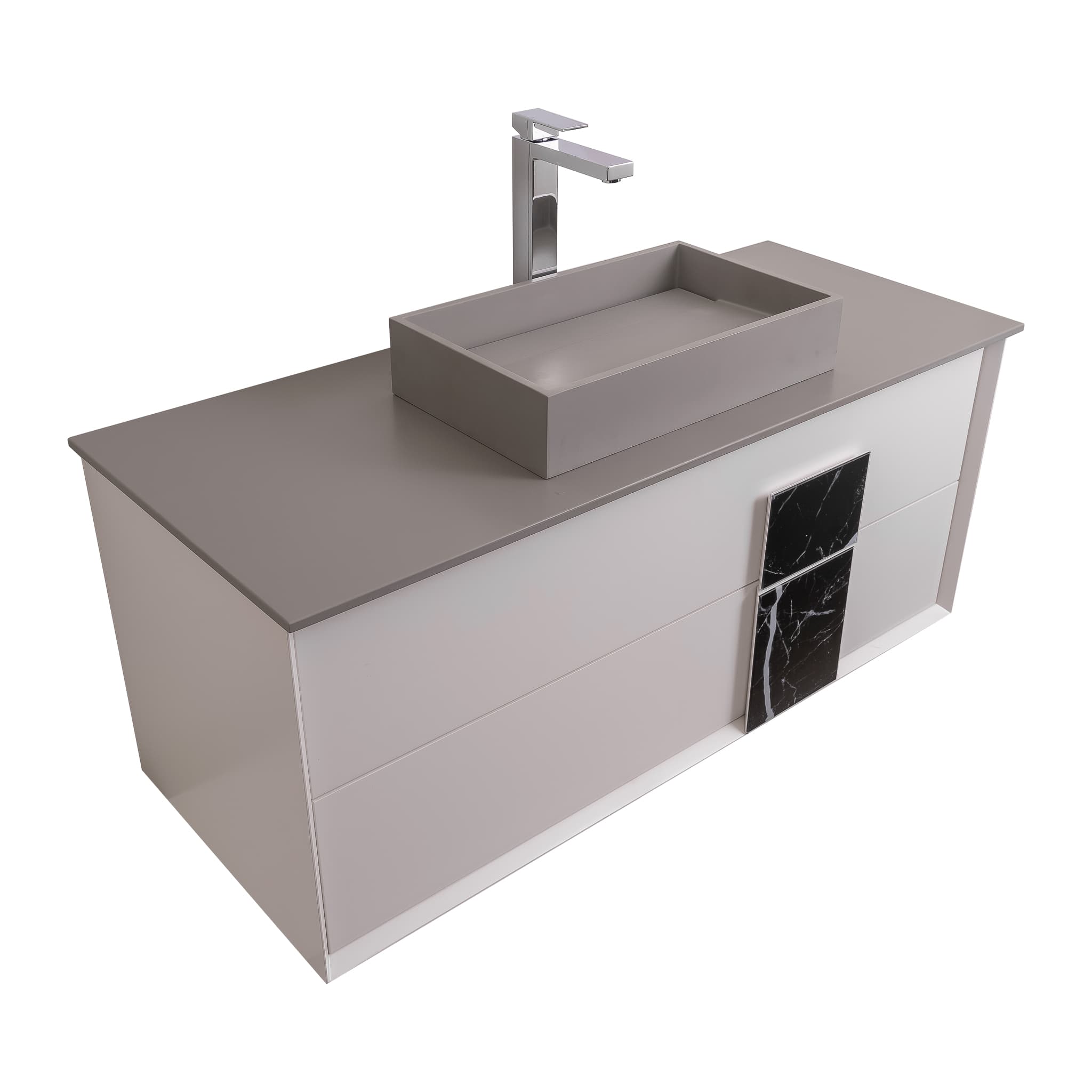 Piazza 47.5 Matte White With Black Marble Handle Cabinet, Solid Surface Flat Grey Counter and Infinity Square Solid Surface Grey Basin 1329, Wall Mounted Modern Vanity Set