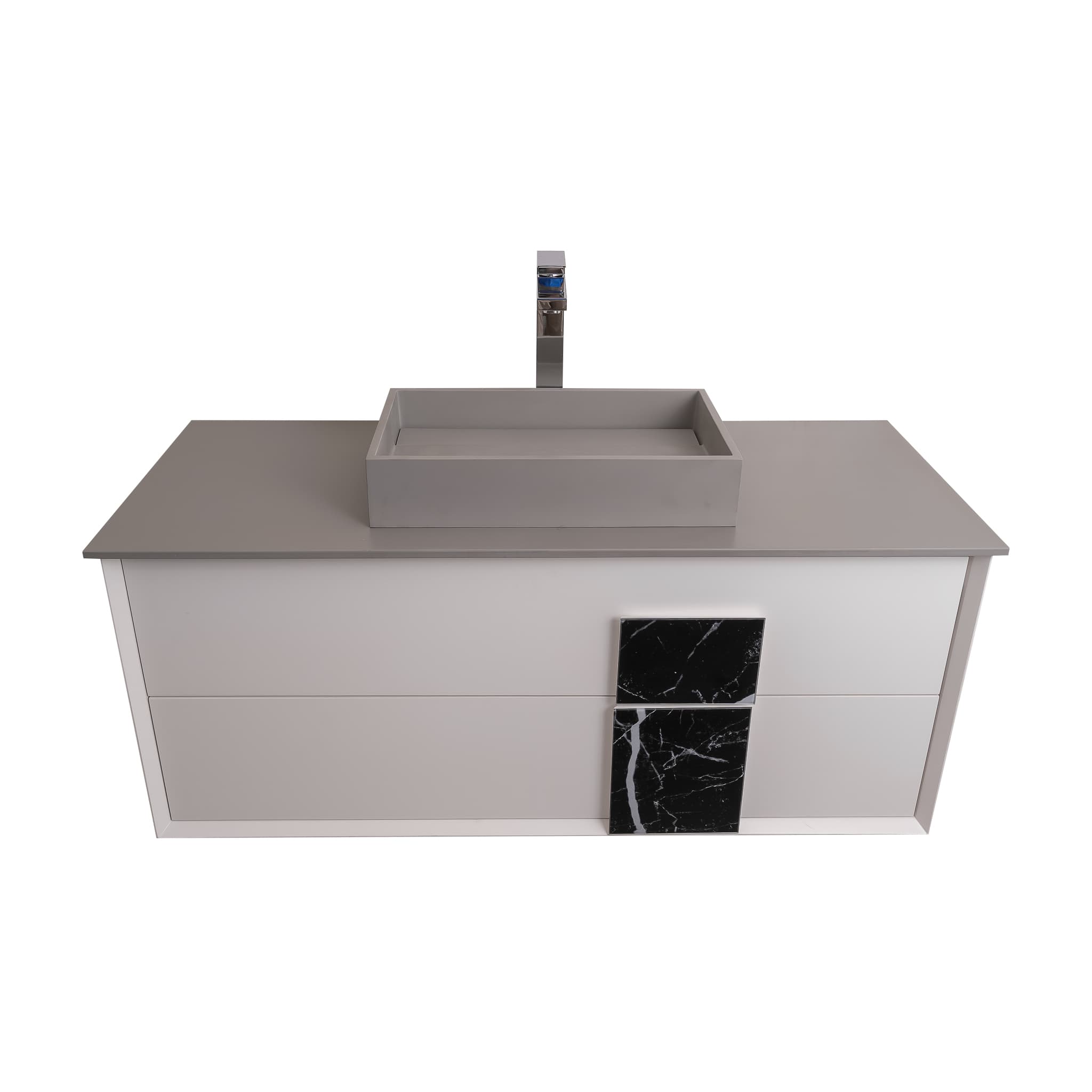 Piazza 47.5 Matte White With Black Marble Handle Cabinet, Solid Surface Flat Grey Counter and Infinity Square Solid Surface Grey Basin 1329, Wall Mounted Modern Vanity Set