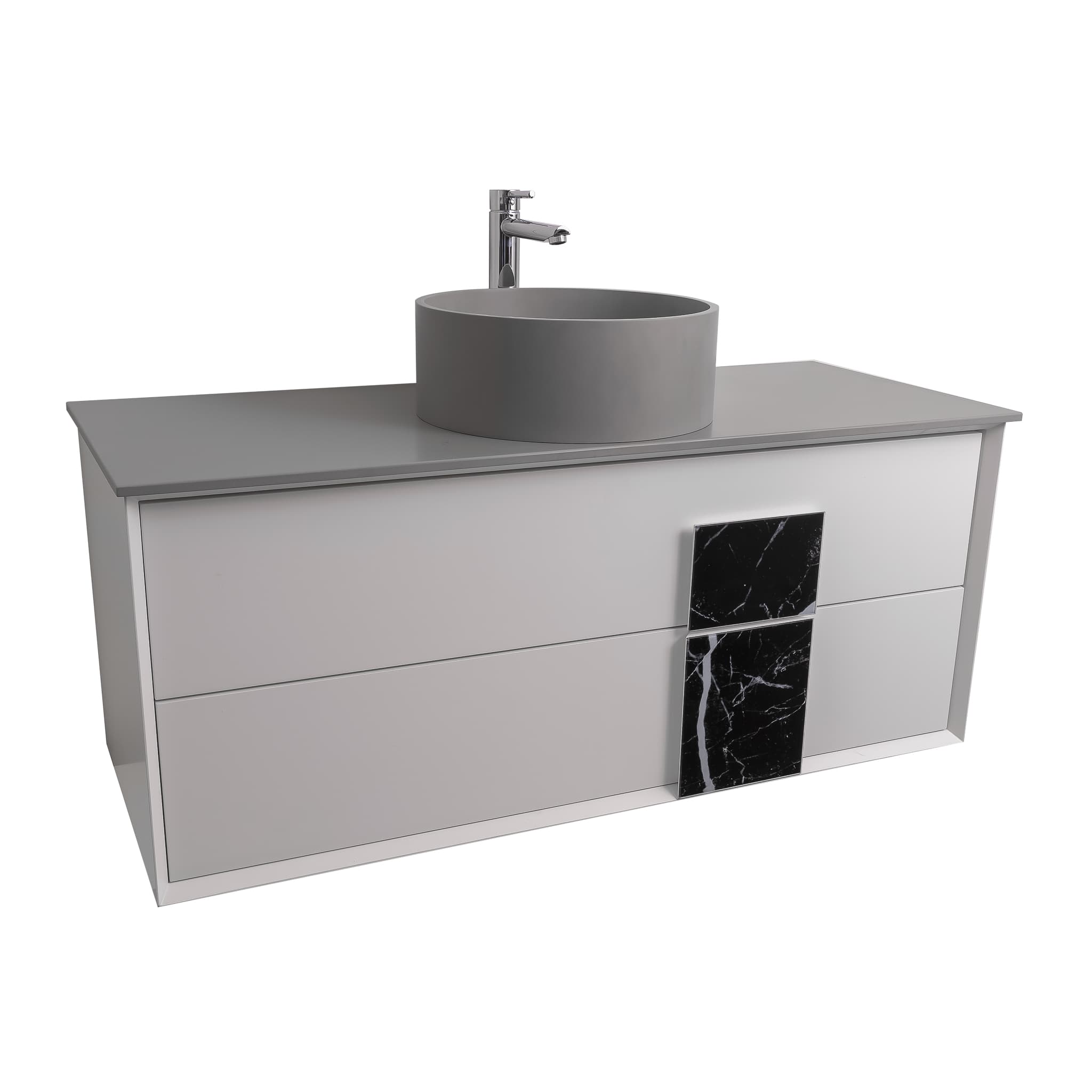 Piazza 47.5 Matte White With Black Marble Handle Cabinet, Solid Surface Flat Grey Counter and Round Solid Surface Grey Basin 1386, Wall Mounted Modern Vanity Set