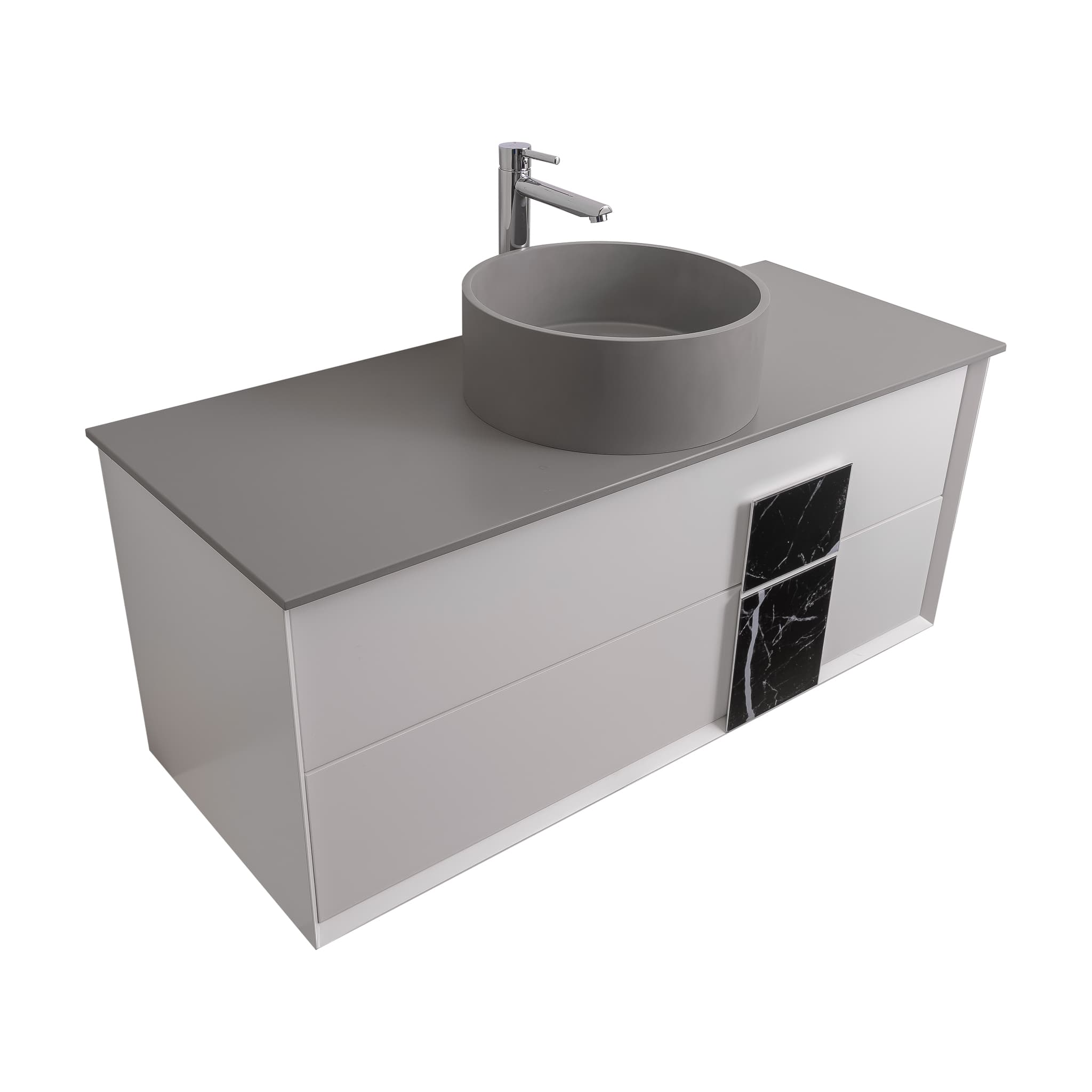 Piazza 47.5 Matte White With Black Marble Handle Cabinet, Solid Surface Flat Grey Counter and Round Solid Surface Grey Basin 1386, Wall Mounted Modern Vanity Set