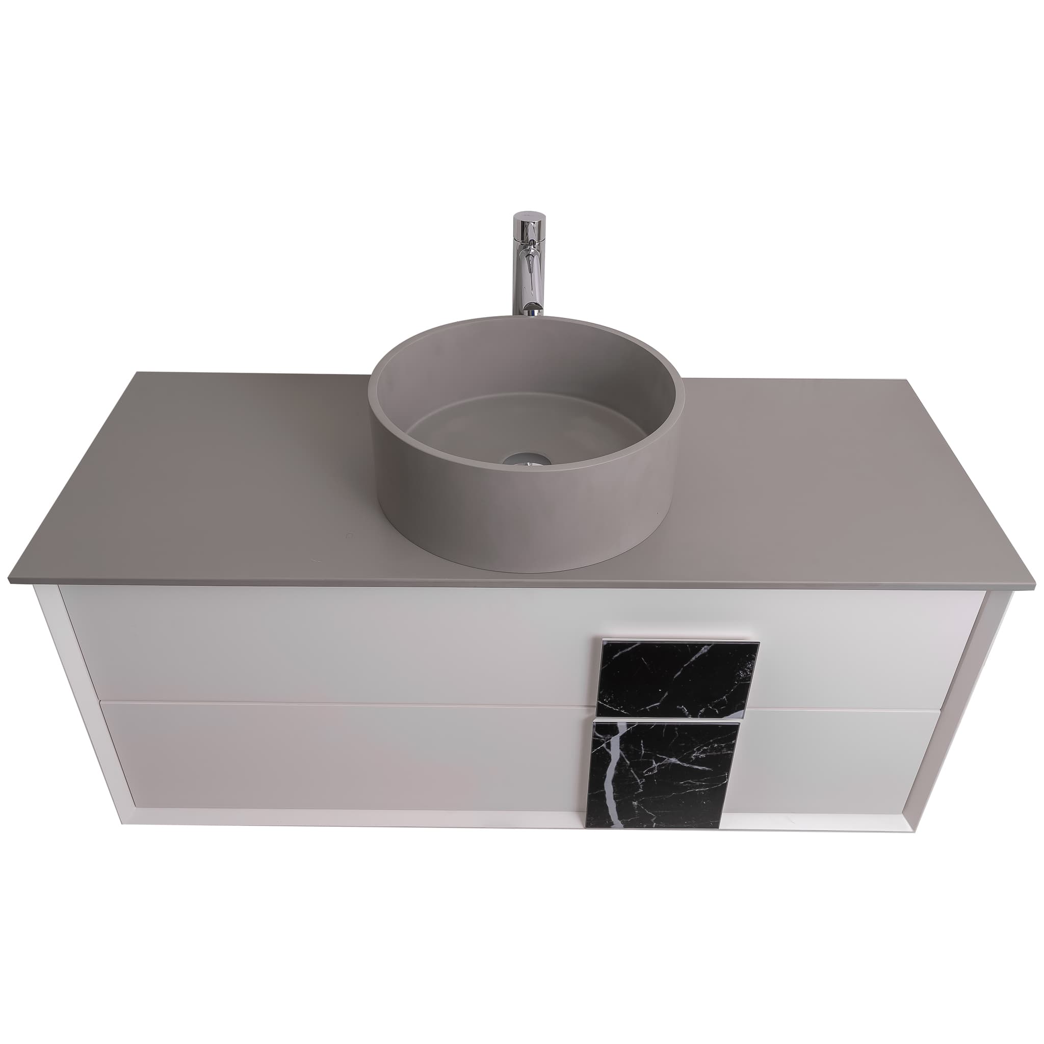 Piazza 47.5 Matte White With Black Marble Handle Cabinet, Solid Surface Flat Grey Counter and Round Solid Surface Grey Basin 1386, Wall Mounted Modern Vanity Set