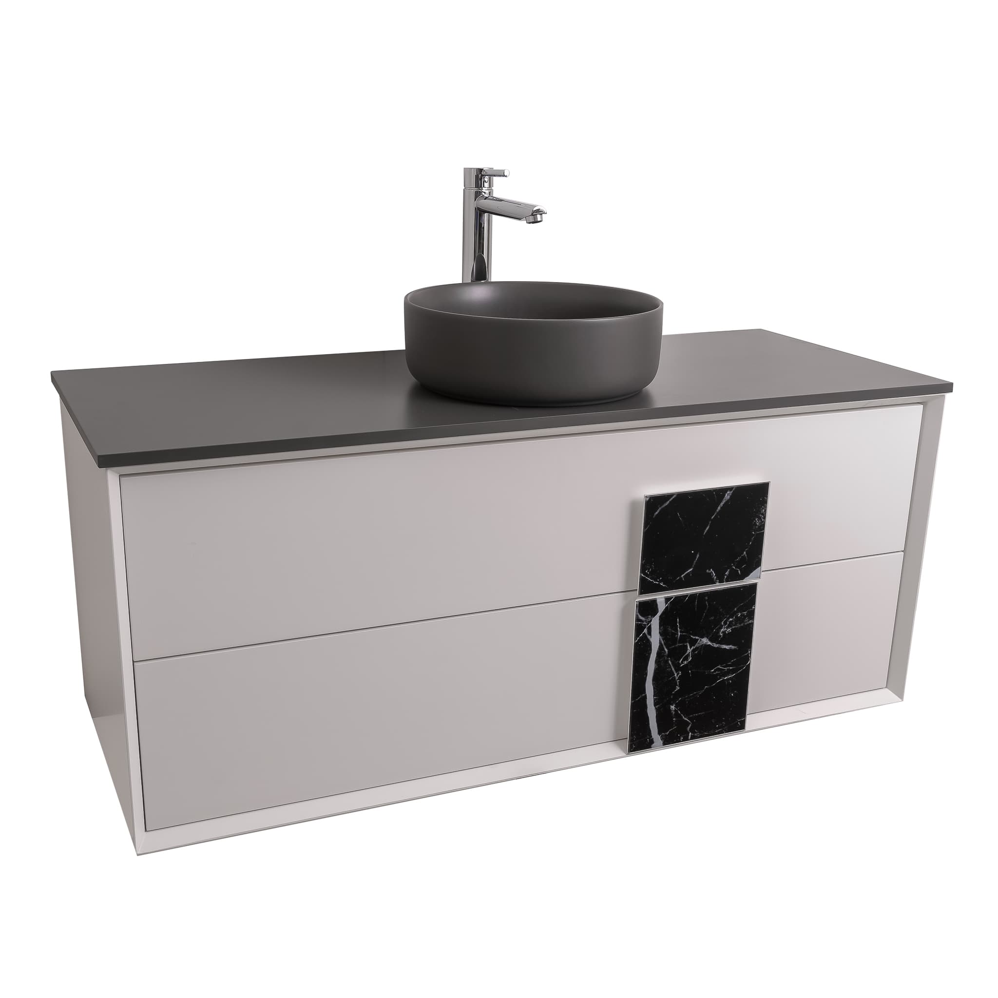 Piazza 47.5 Matte White With Black Marble Handle Cabinet, Ares Grey Ceniza Top and Ares Grey Ceniza Ceramic Basin, Wall Mounted Modern Vanity Set