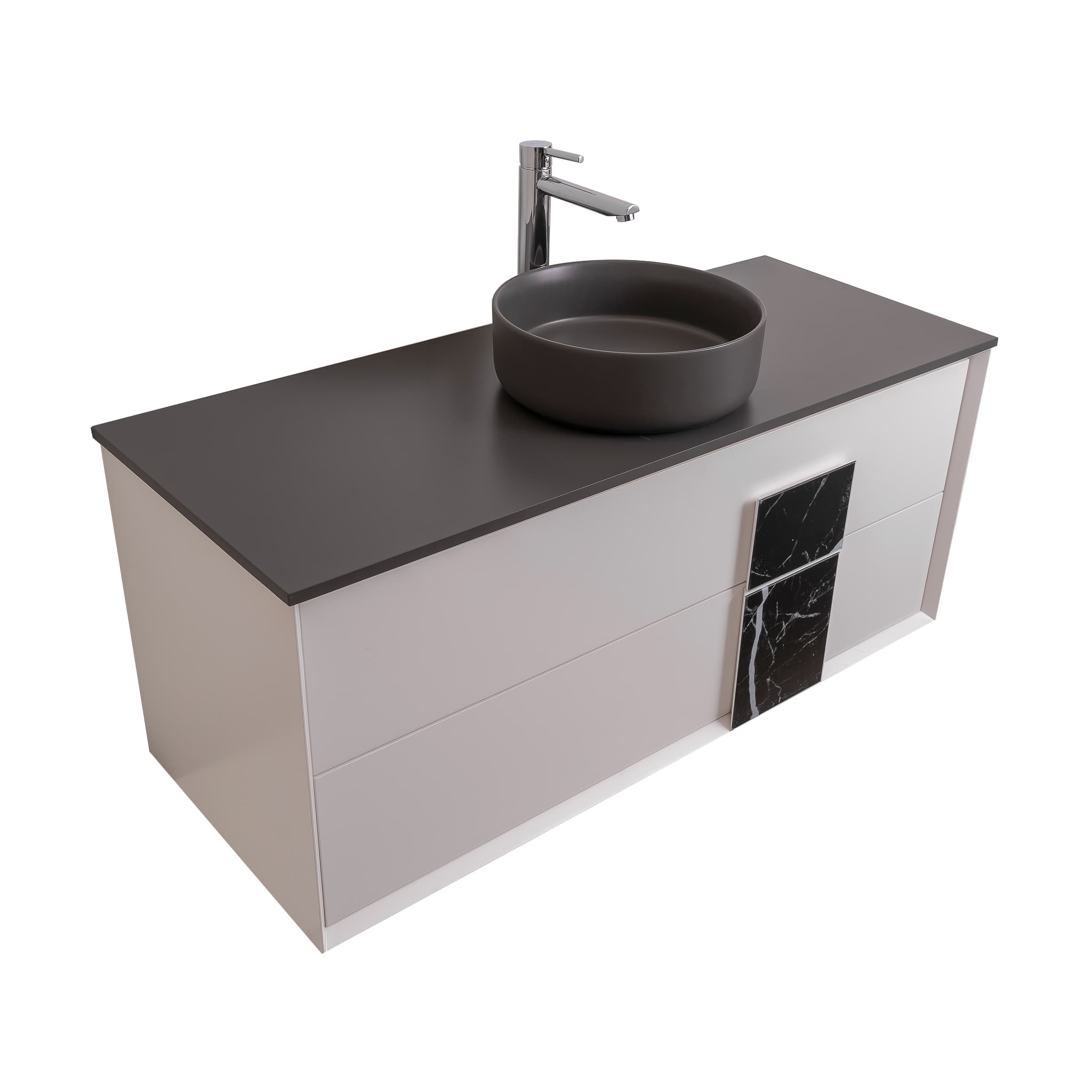 Piazza 47.5 Matte White With Black Marble Handle Cabinet, Ares Grey Ceniza Top and Ares Grey Ceniza Ceramic Basin, Wall Mounted Modern Vanity Set