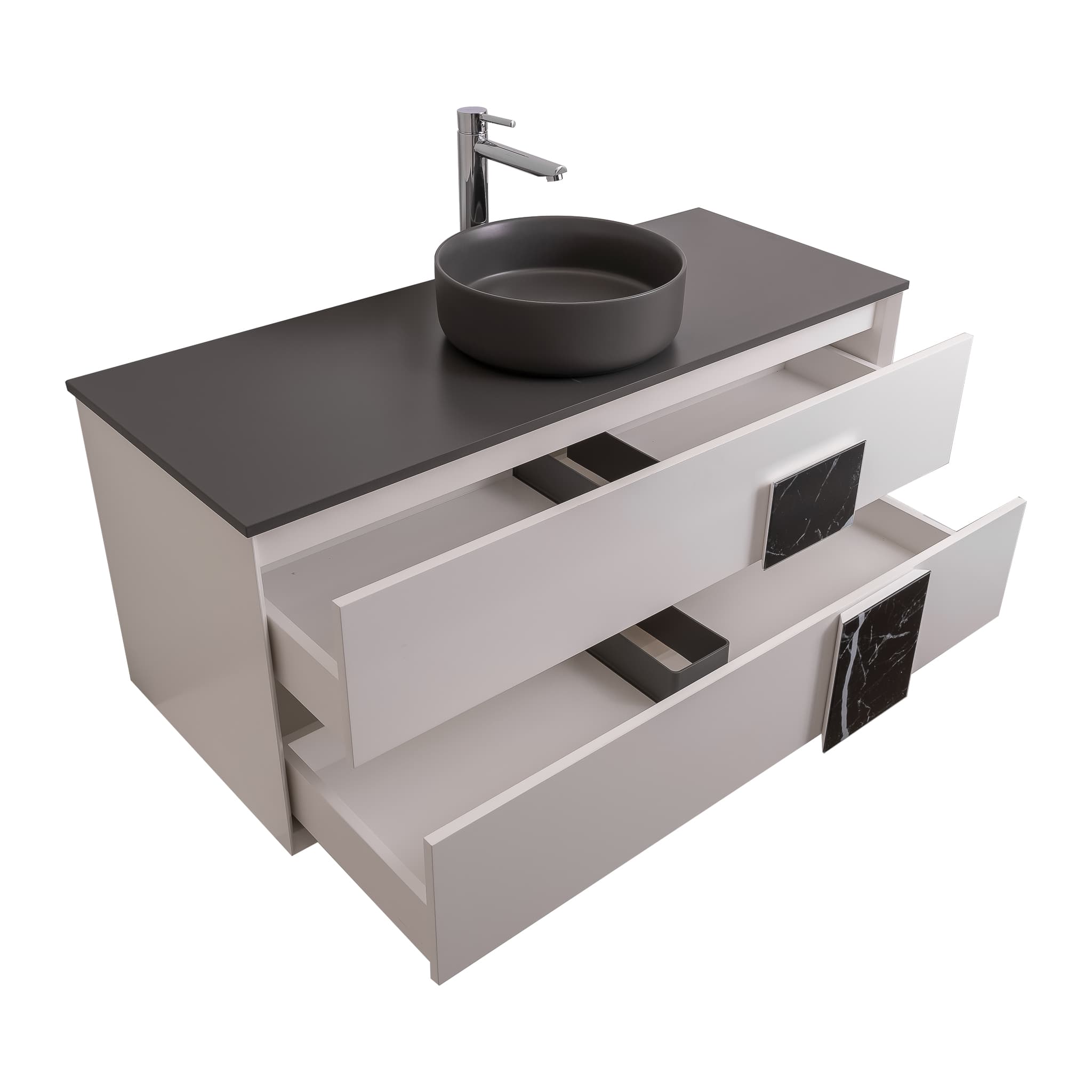 Piazza 47.5 Matte White With Black Marble Handle Cabinet, Ares Grey Ceniza Top and Ares Grey Ceniza Ceramic Basin, Wall Mounted Modern Vanity Set