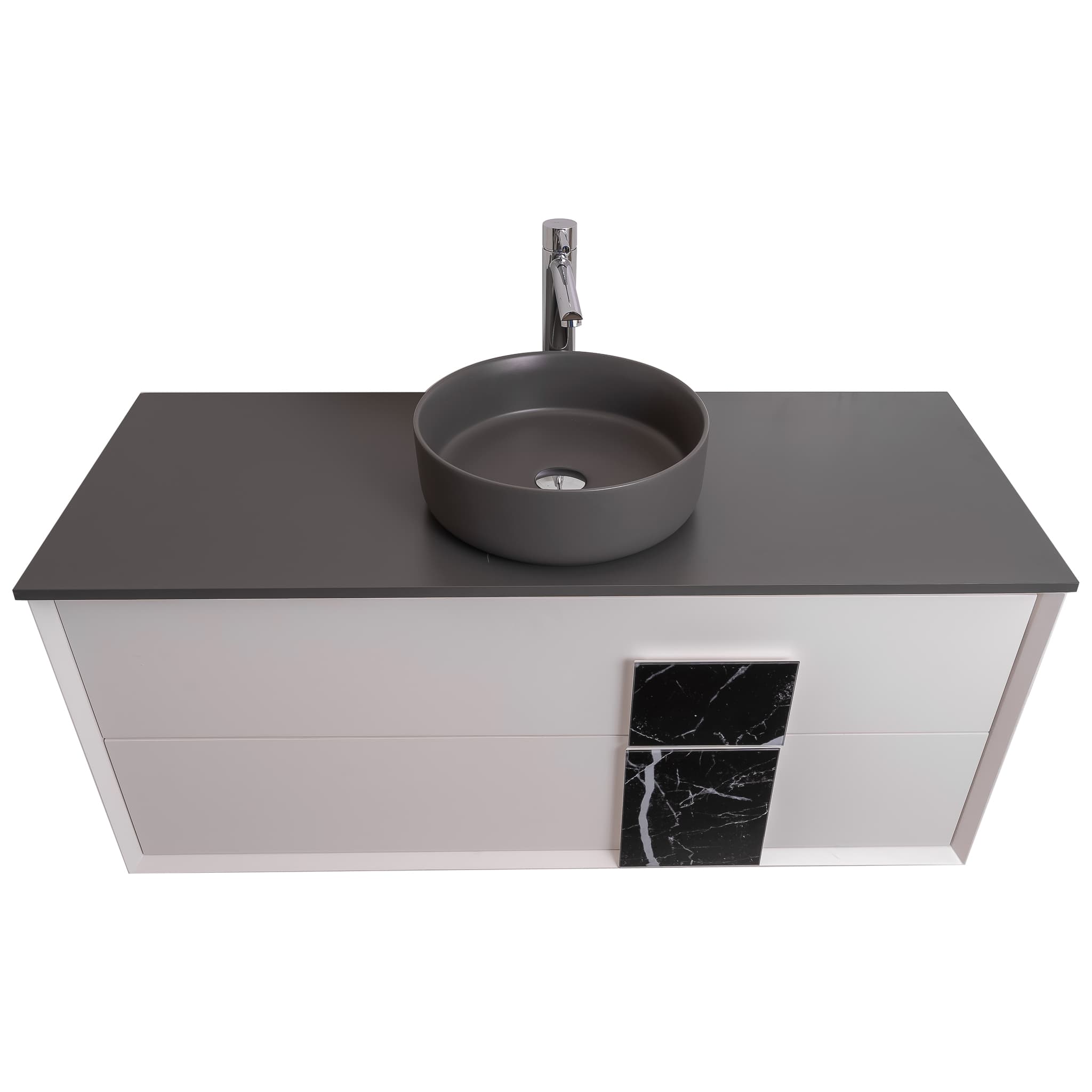 Piazza 47.5 Matte White With Black Marble Handle Cabinet, Ares Grey Ceniza Top and Ares Grey Ceniza Ceramic Basin, Wall Mounted Modern Vanity Set