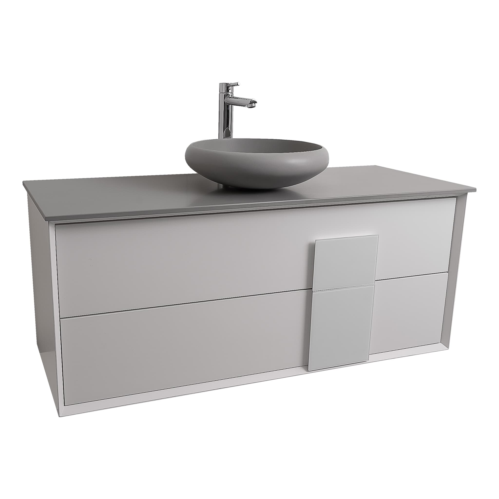 Piazza 47.5 Matte White With White Handle Cabinet, Solid Surface Flat Grey Counter and Round Solid Surface Grey Basin 1153, Wall Mounted Modern Vanity Set