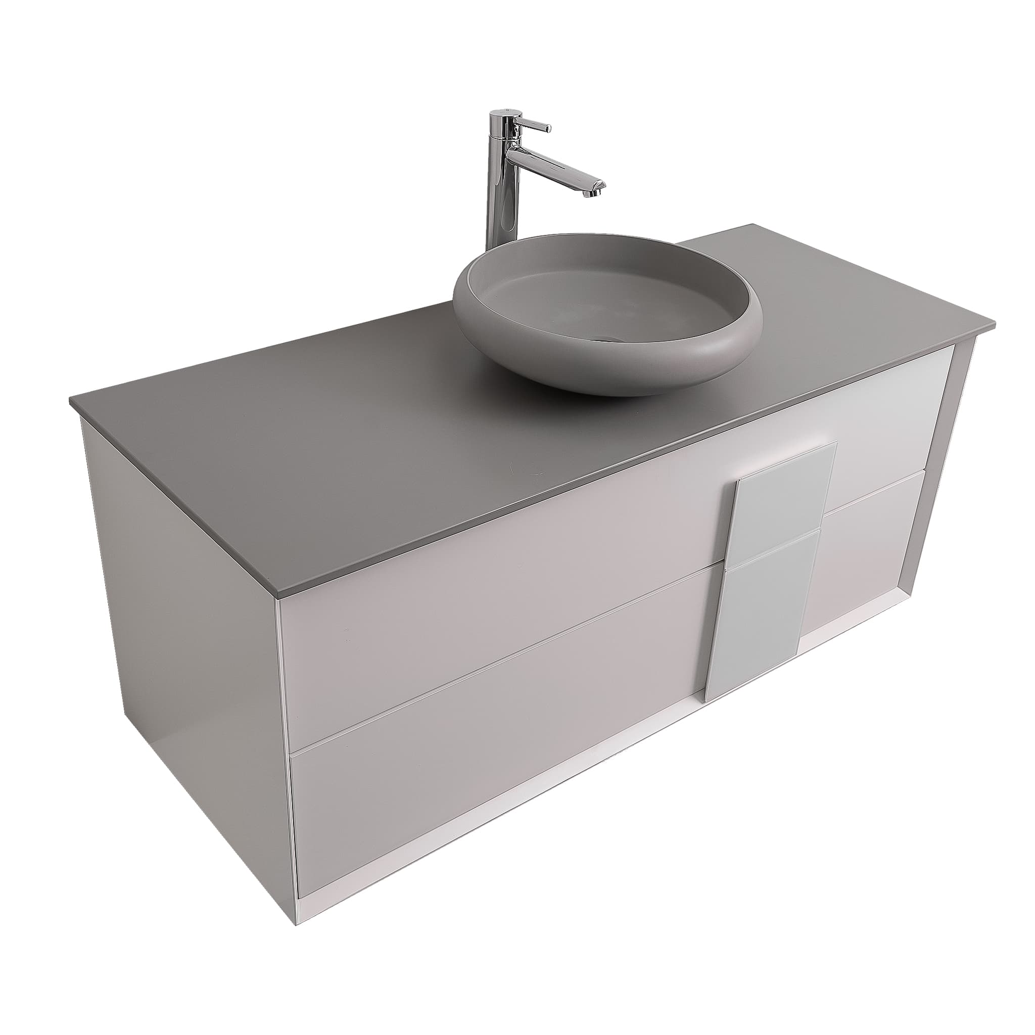 Piazza 47.5 Matte White With White Handle Cabinet, Solid Surface Flat Grey Counter and Round Solid Surface Grey Basin 1153, Wall Mounted Modern Vanity Set
